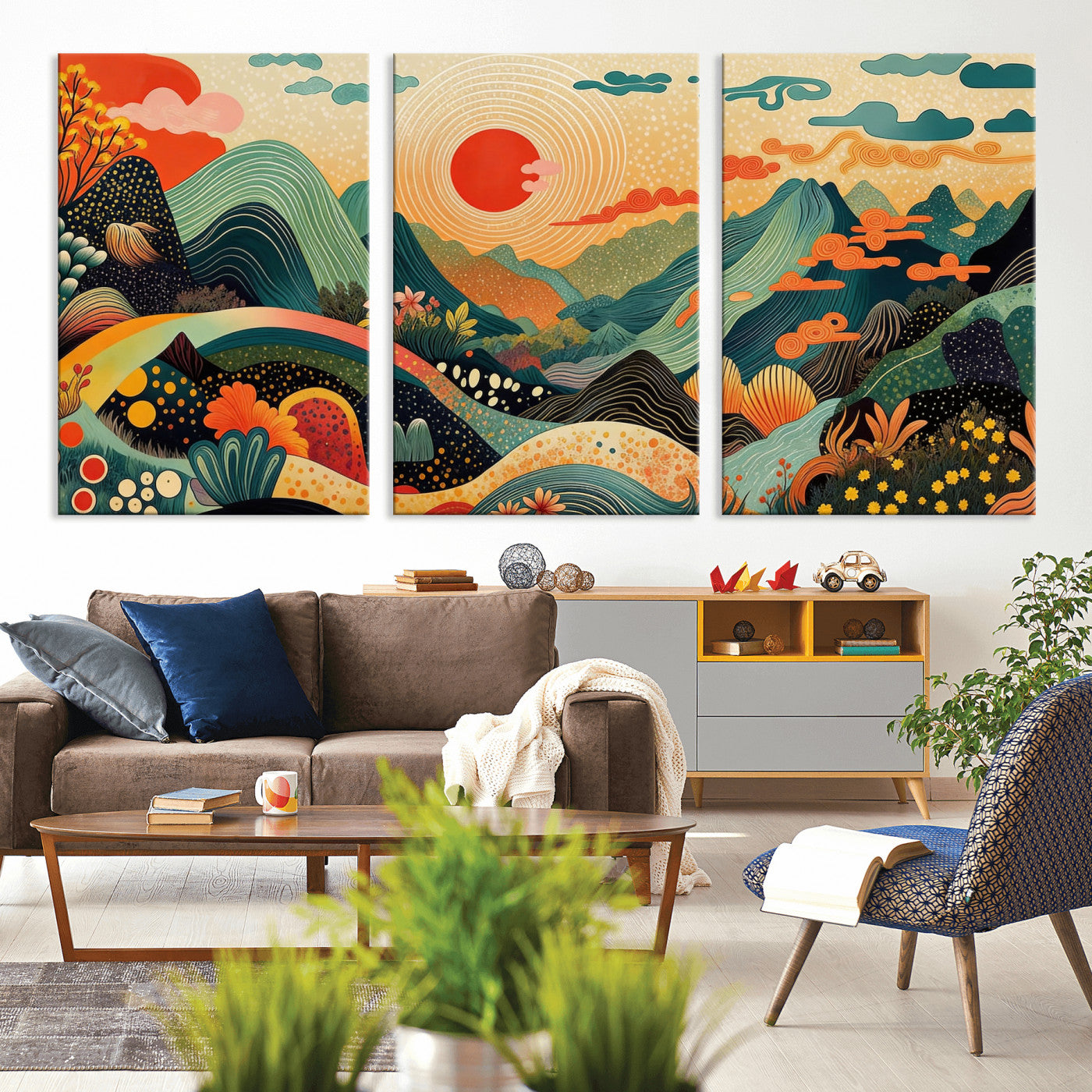 29927191-MGV-CV-36X24 - Yayoi Kusama Boho Mountain Landscape Large Wall Art, Horizontal Gold Framed Canvas Print with Sun and Flowers