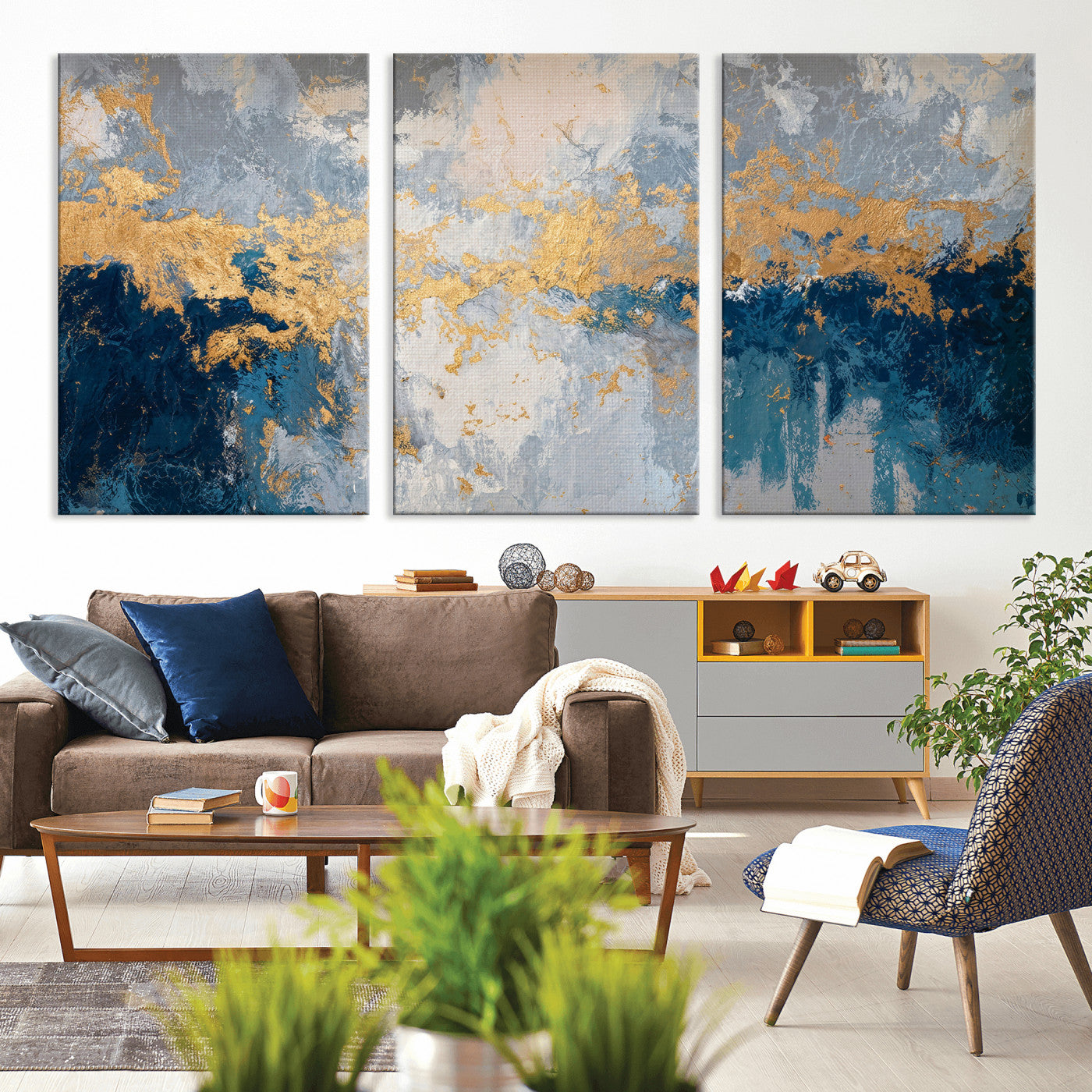 65386119-MGV-CV-36X24 - Blue Gold Abstract Large Framed Canvas Wall Art, Modern Luxury Painting Print in Horizontal Oversized Minimal Wall Decor Artwork