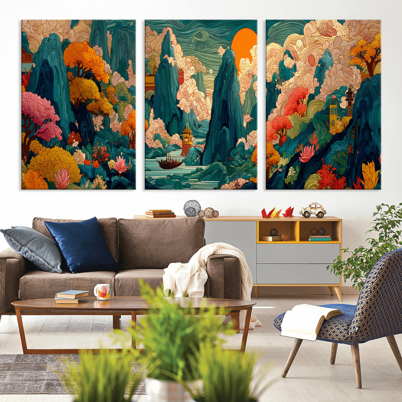 90422518-MGV-CV-48X32-3P - Colorful Japanese Landscape Print: Maximalist Panoramic Wall Art