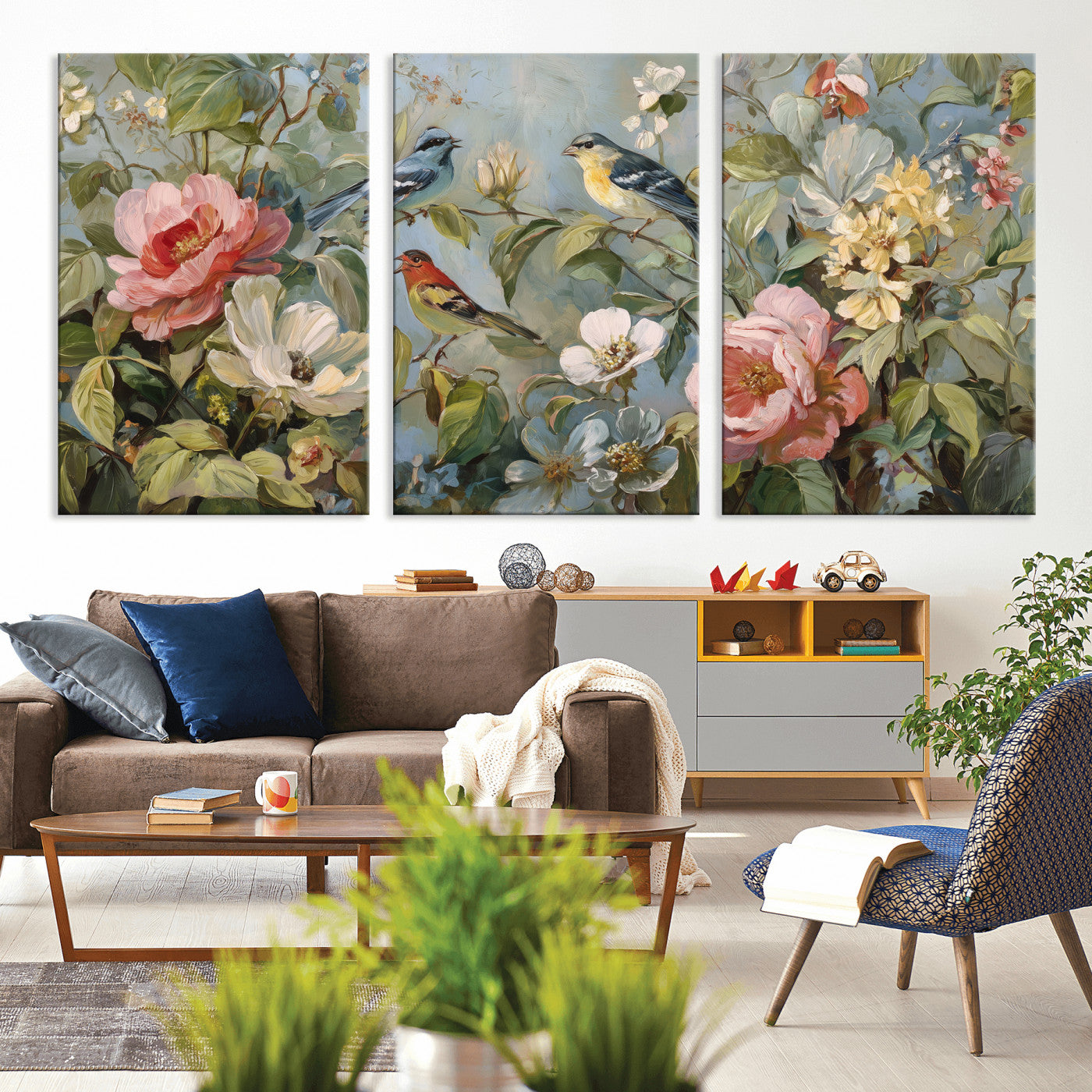 55440837-MGV-CV-36X24 - Vintage Birds and Flowers Wall Art Canvas Print, Botanical Bird Painting Canvas Print, Floral Garden Bird Artwork Canvas Print, Classic Bird Flower Painting Canvas Print