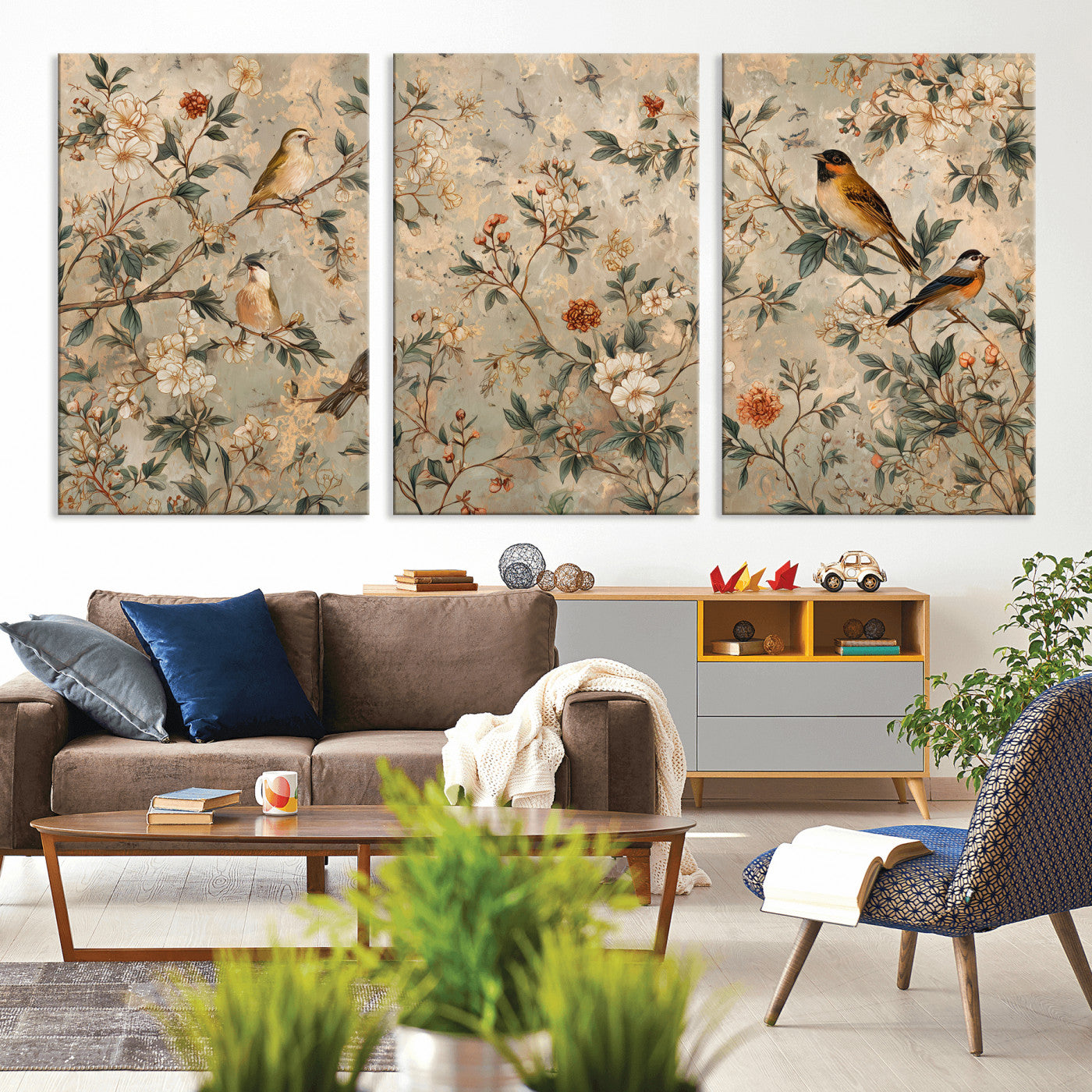 76588438-MGV-CV-36X24 - Vintage Birds and Flowers Wall Art Canvas Print, Botanical Bird Painting Canvas Print, Floral Garden Bird Artwork Canvas Print, Classic Bird Flower Painting Canvas Print