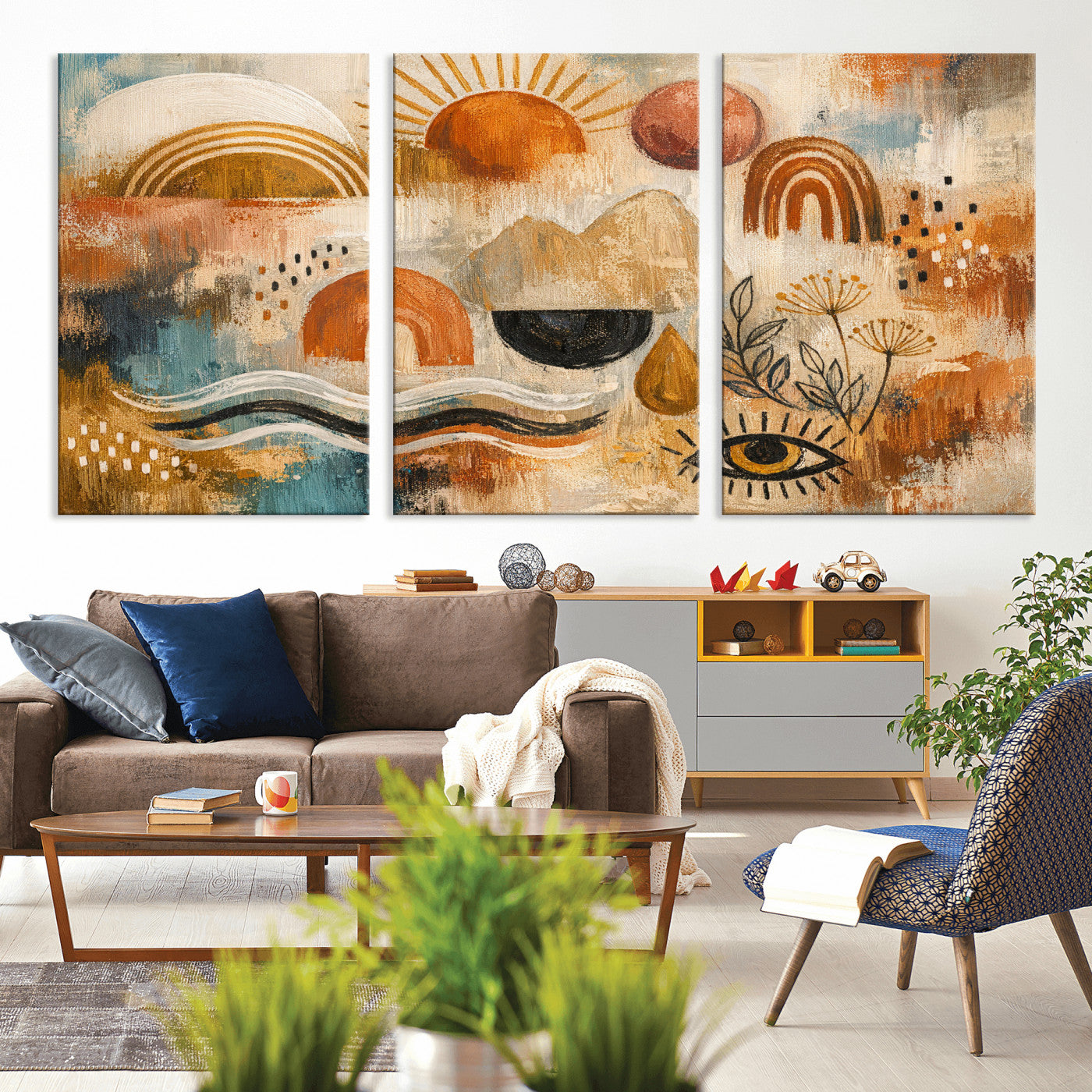 52155239-MGV-CV-36X24 - Geometric Boho Abstract Wall Art Canvas Print, Orange Blue Abstract Expressionist Painting Print, Modern Geometric Abstract Canvas Art