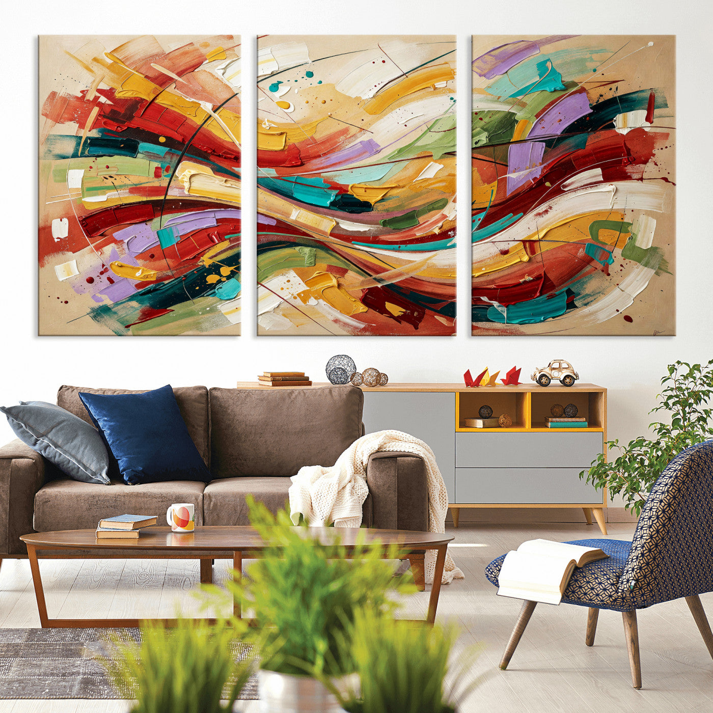 39887645-MGV-CV-36X24 - Geometric Abstract Wall Art Canvas Print, Orange Blue Abstract Expressionist Painting Print, Modern Geometric Abstract Canvas Art