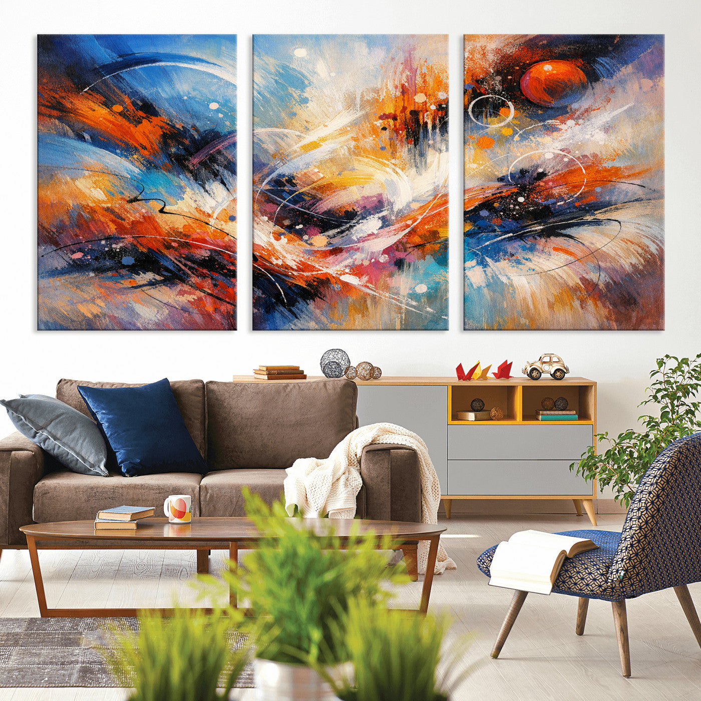 47770355-MGV-CV-36X24 - Geometric Abstract Wall Art Canvas Print, Orange Blue Abstract Expressionist Painting Print, Modern Geometric Abstract Canvas Art