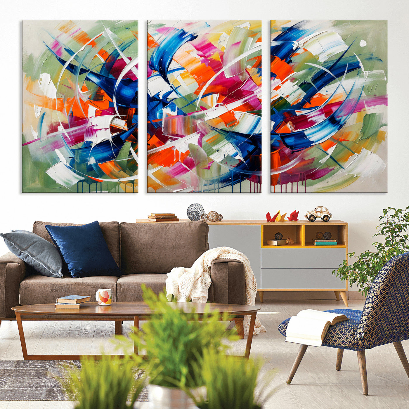 15032888-MGV-CV-36X24 - Geometric Abstract Wall Art Canvas Print, Orange Blue Abstract Expressionist Painting Print, Modern Geometric Abstract Canvas Art