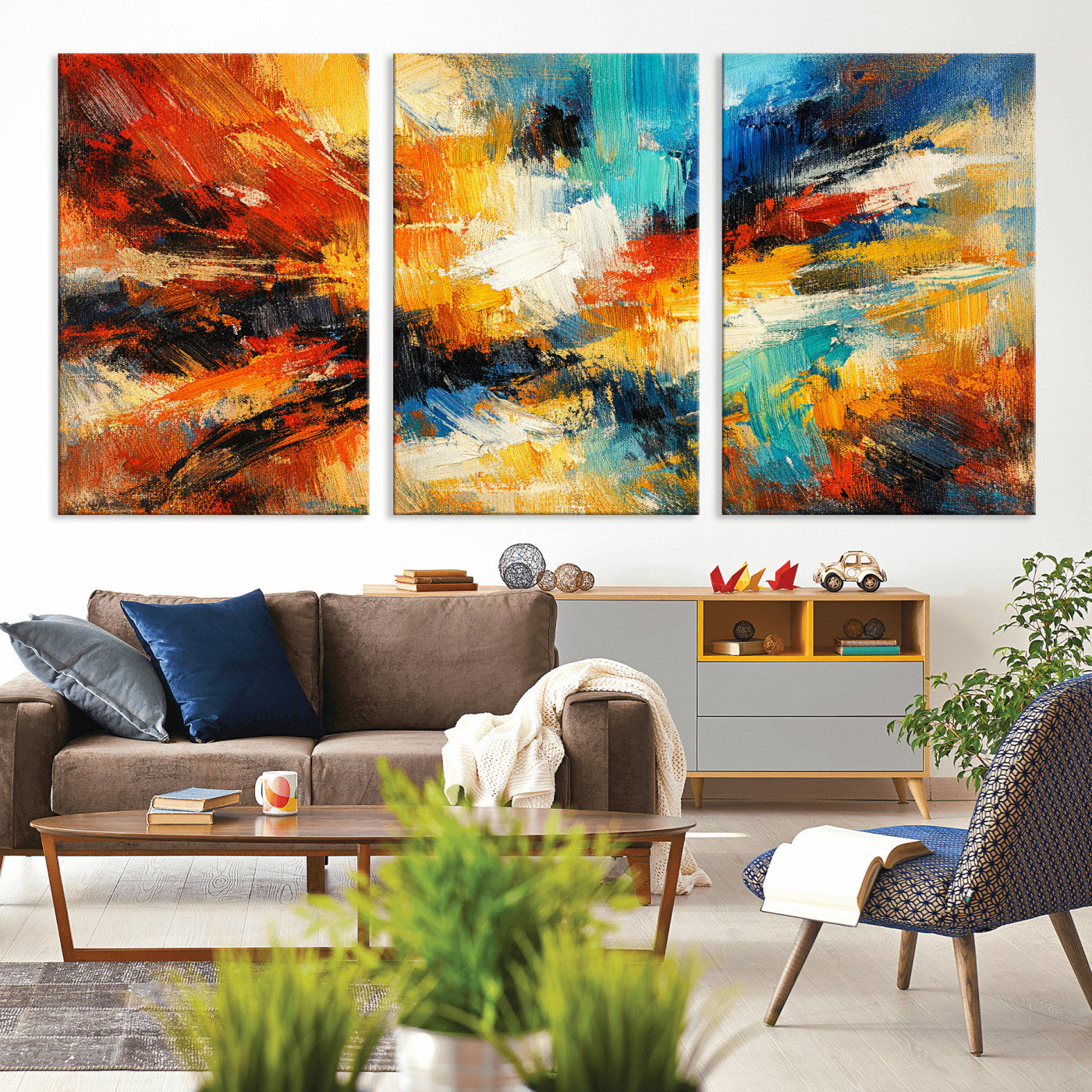 93167583-MGV-CV-36X24 - Geometric Abstract Wall Art Canvas Print, Orange Blue Abstract Expressionist Painting Print, Modern Geometric Abstract Canvas Art