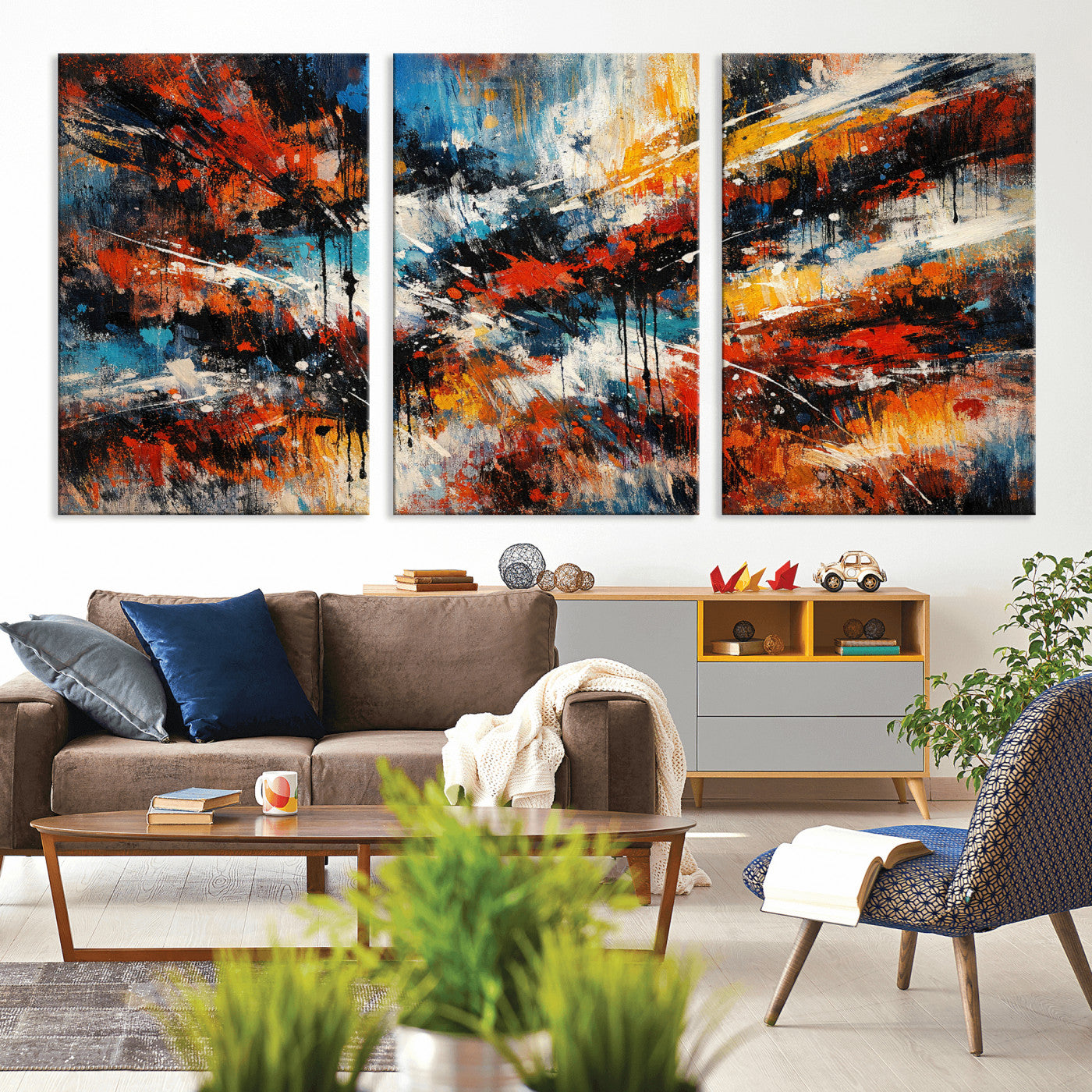 80276069-MGV-CV-36X24 - Geometric Abstract Wall Art Canvas Print, Orange Blue Abstract Expressionist Painting Print, Modern Geometric Abstract Canvas Art