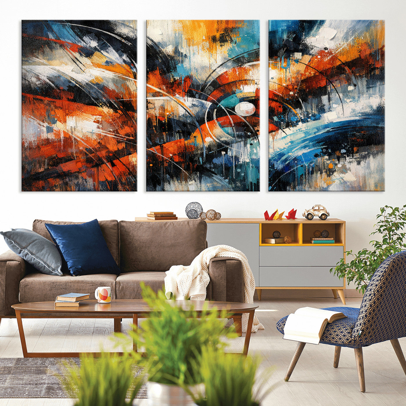 47120691-MGV-CV-36X24 - Geometric Abstract Wall Art Canvas Print, Orange Blue Abstract Expressionist Painting Print, Modern Geometric Abstract Canvas Art