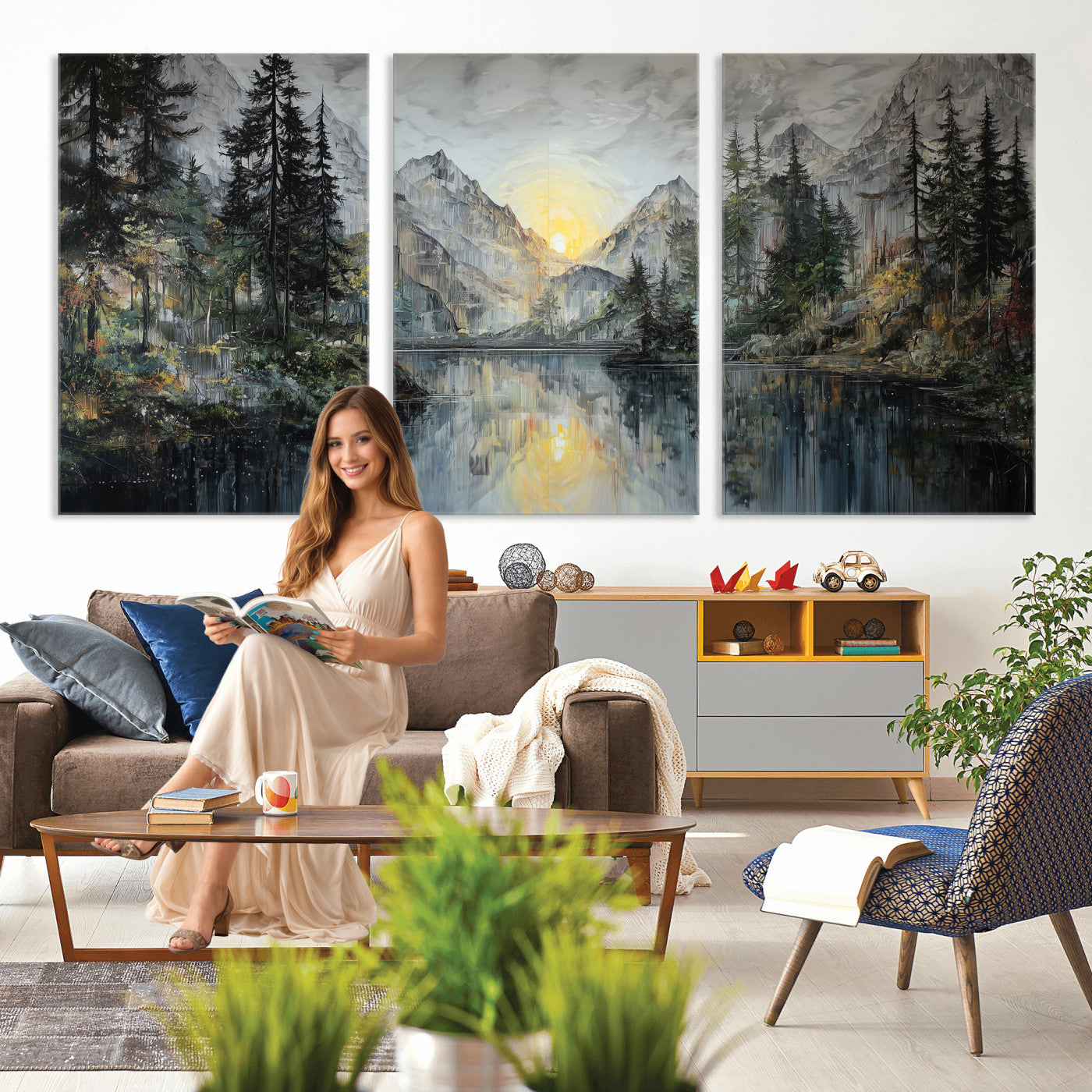 72377107-MGV-CV-60X30-3P - Drip Style Forest Lake Gold Art — Abstract Expressionist Mountain Print | Grey Pine Tree Canvas | Moody Nature Wall Decor | Large Panoramic Art