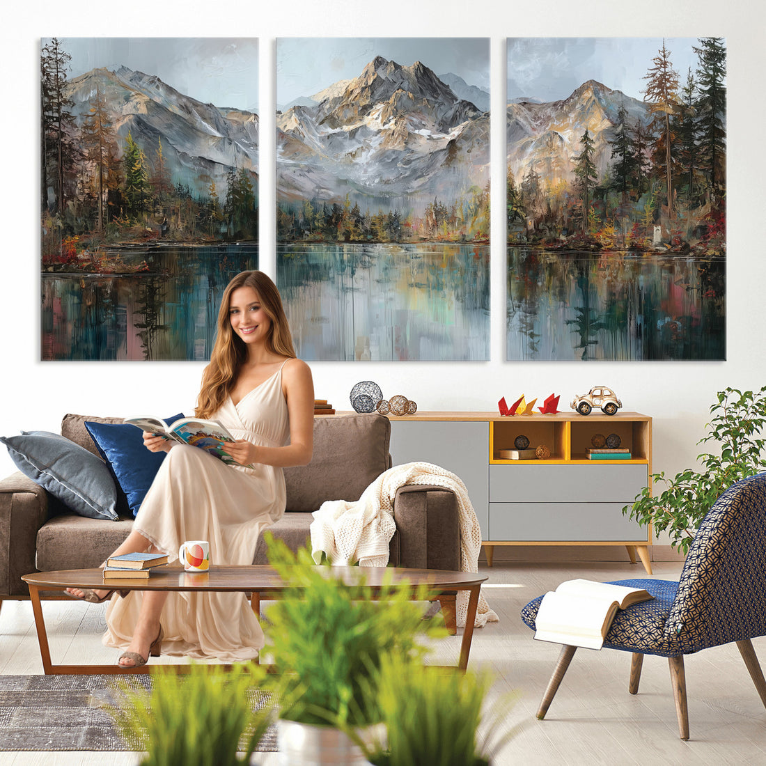 Drip Style Forest Lake Gold Art, Abstract Expressionist, Extra Large Living Room Wall Decor