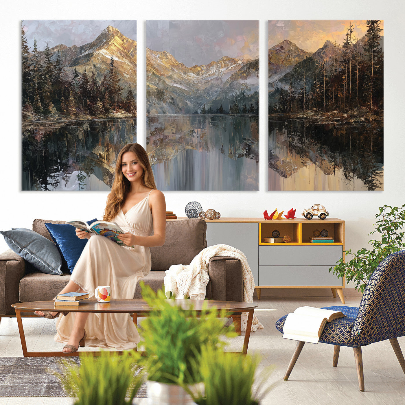 37675699-MGV-CV-60X30-3P - Drip Style Forest Lake Gold Art — Abstract Expressionist Mountain Print | Grey Pine Tree Canvas | Moody Nature Wall Decor | Large Panoramic Art