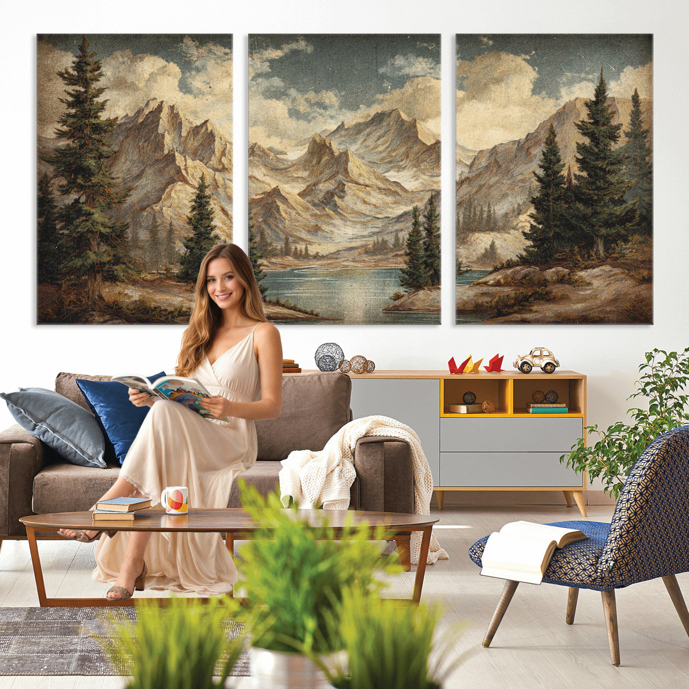 62093020-MGV-CV-60X30-3P - Drip Style Forest Lake Gold Art — Abstract Expressionist Mountain Print | Grey Pine Tree Canvas | Moody Nature Wall Decor | Large Panoramic Art