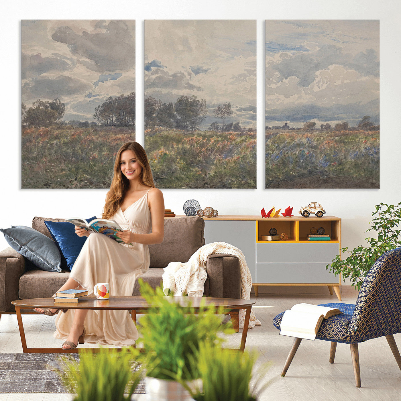 76626885-MGV-CV-36X24 - Vintage Watercolor Meadow Canvas Wall Art — English Pastoral Wildflower Storm Sky Print | Cottagecore Nature Decor | Classic Landscape Gift