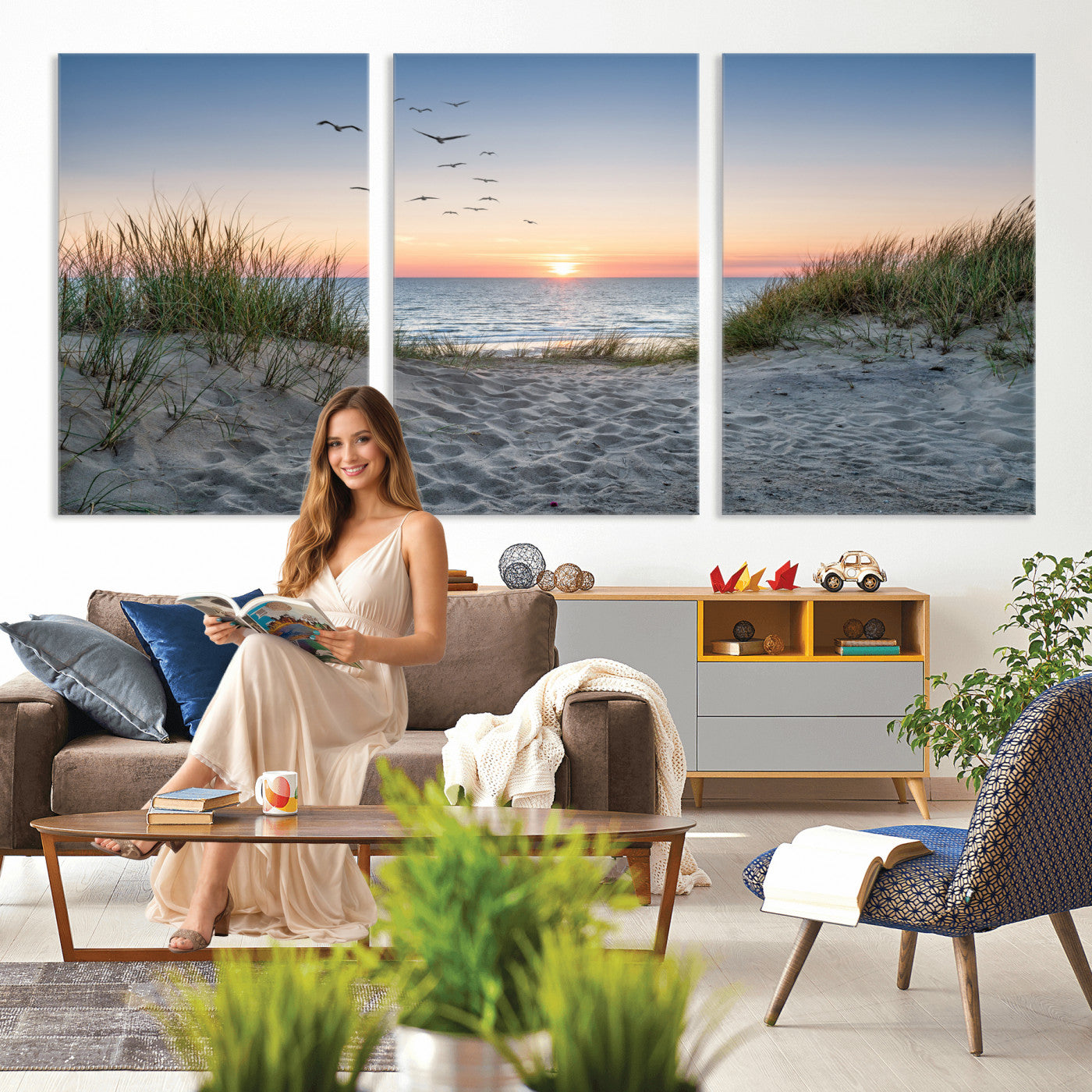 12172032-MGV-CV-36X24 - Sandy Dune Path Sunset Canvas Wall Art — Seagulls Beach Ocean Photography Print | Coastal Home Decor | Nautical Wall Art | Beach House Gift