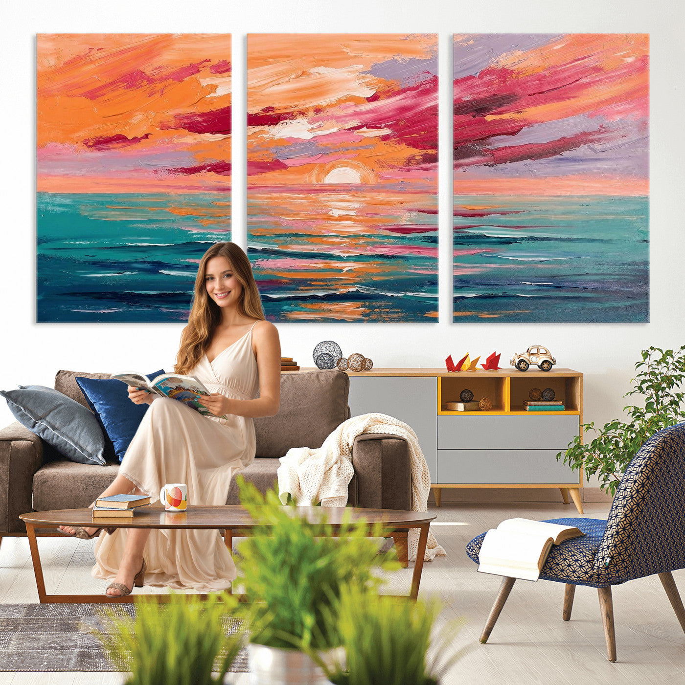 26763902-MGV-CV-36X24 - Bold Palette Knife Ocean Sunset Canvas — Orange Pink Teal Expressionist Sea Print | Colorful Coastal Wall Art | Vibrant Beach Decor Gift