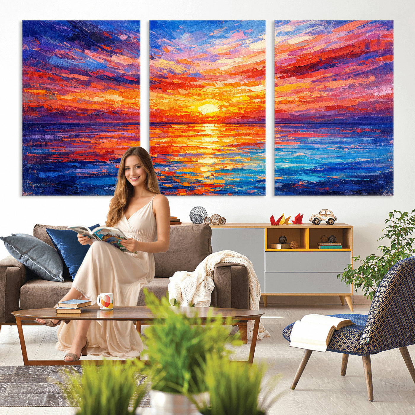 54915078-MGV-CV-36X24 - Colorful Knife Ocean Sunset Canvas — Orange Pink Teal Expressionist Sea Print | Colorful Coastal Wall Art | Vibrant Beach Decor Gift
