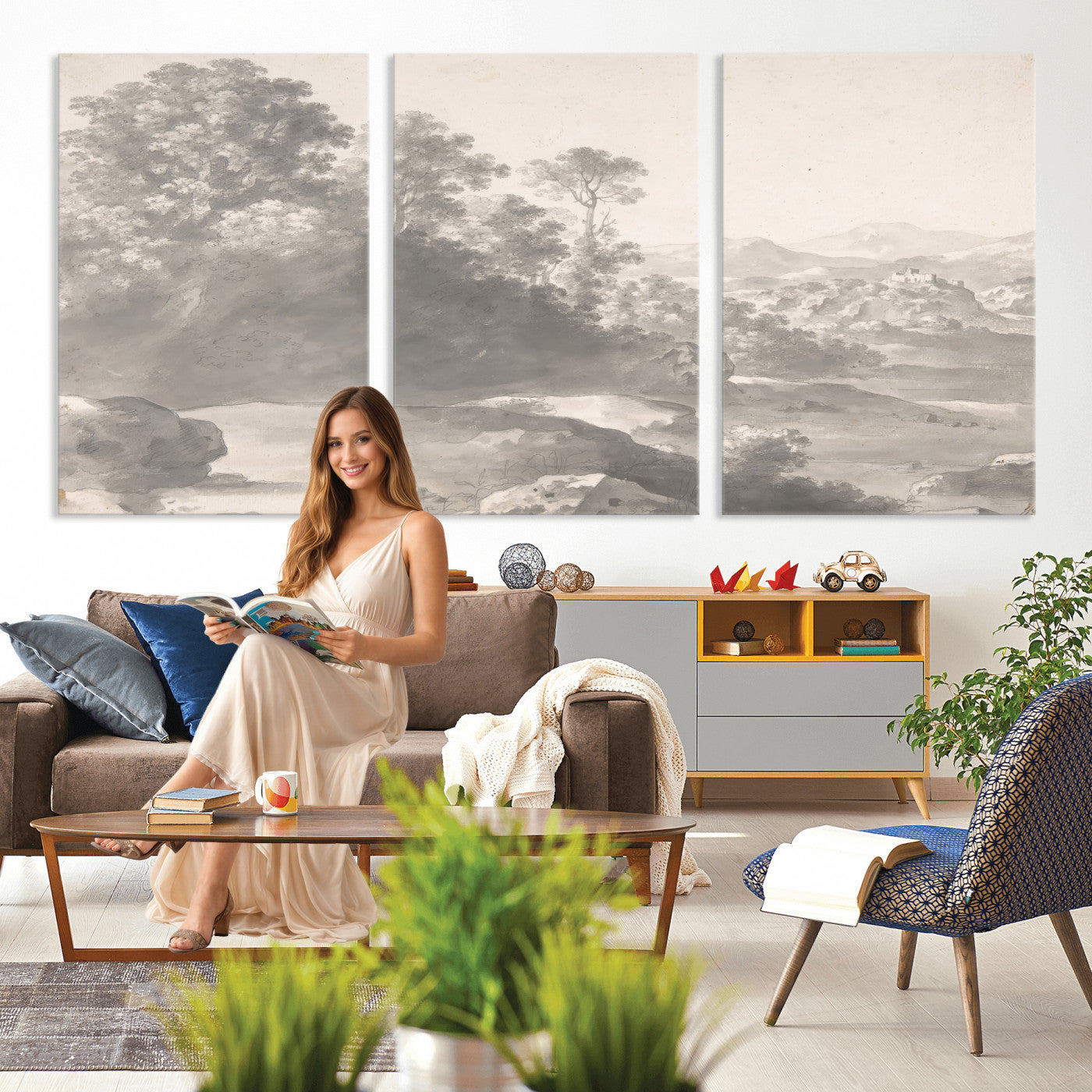 33041209-MGV-CV-36X24 - Van Poelenburch Landscape Canvas Wall Art — Dutch Golden Age Gray Wash Drawing Print | Baroque Italianate Nature Decor | Old Master Classic Gift