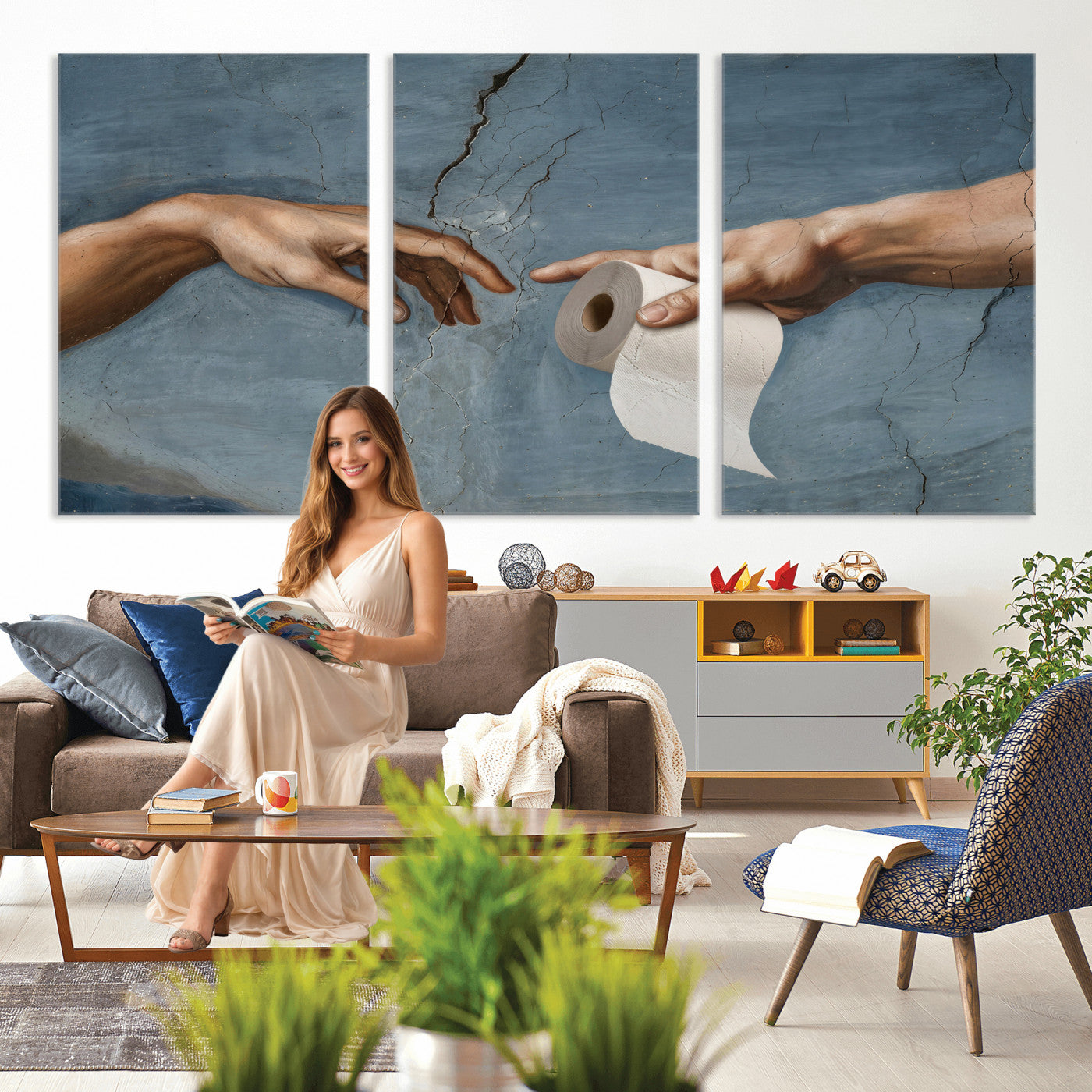 42648143-MGV-CV-36X24 - Funny Bathroom Canvas Wall Art, Michelangelo Creation of Adam Toilet Paper Parody, Renaissance Humor Print, Quirky Housewarming Gift, Toilet Room Decor