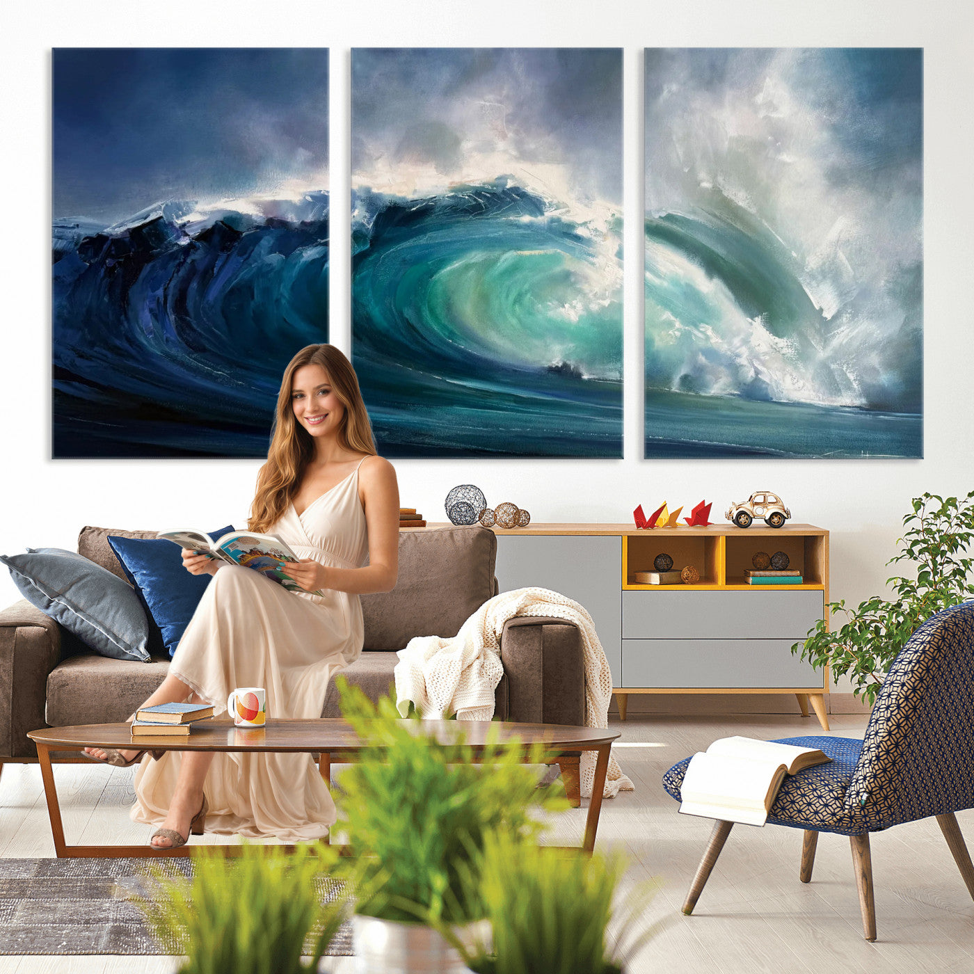 80752160-MGV-CV-60X30-3P - Ocean Wave Canvas Wall Art, Dramatic Teal Blue Seascape Oil Painting Print, Stormy Sea Coastal Decor, Large Beach House Art, Surf Wave Statement Art