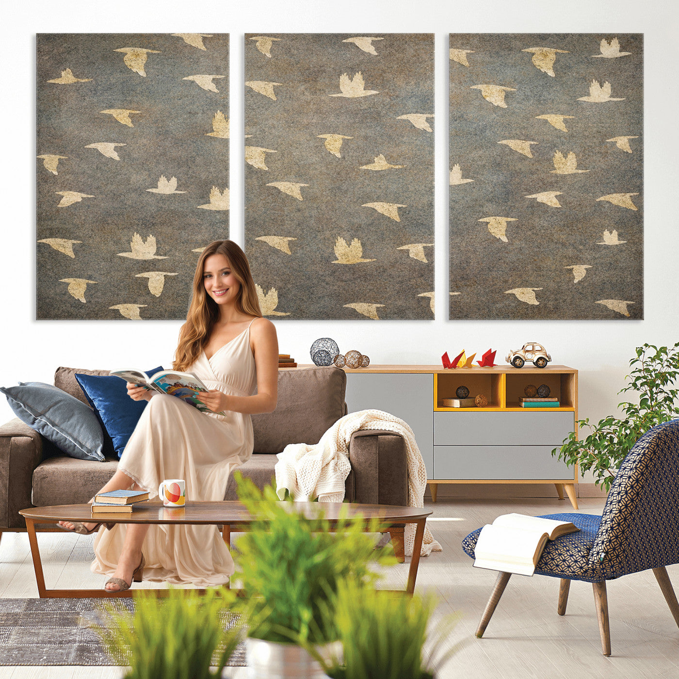 74076164-MGV-CV-36X24 - Flying Birds Canvas Wall Art, Vintage Bird Flock Pattern Print, Grey Gold Abstract Nature Decor, Rustic Bird Silhouette Art, Boho Living Room Decor