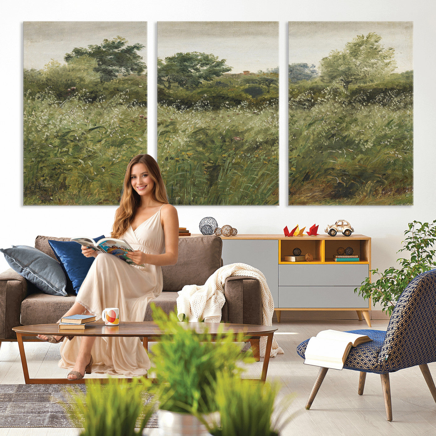 92328261-MGV-CV-36X24 - Wildflower Meadow Canvas Wall Art, Impressionist Overgrown Field Painting Print, Vintage Green Nature Decor, Cottagecore Botanical Art, Living Room Print