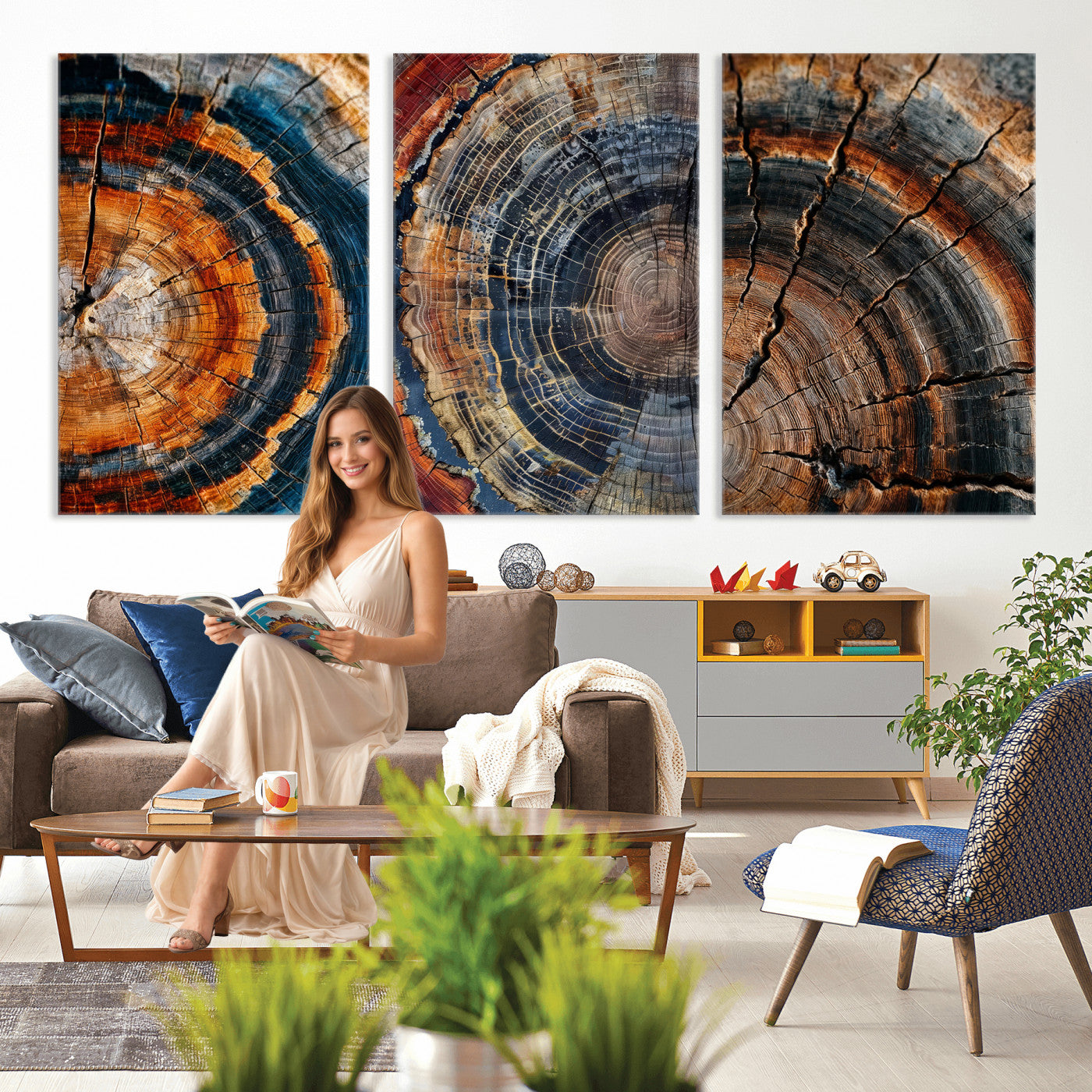 53873594-MGV-CV-60X30-3P - Tree Ring Canvas Wall Art, Wood Cross Section Triptych Print, Rustic Nature Abstract Decor, Earthy Boho Wall Art, Modern Farmhouse Living Room