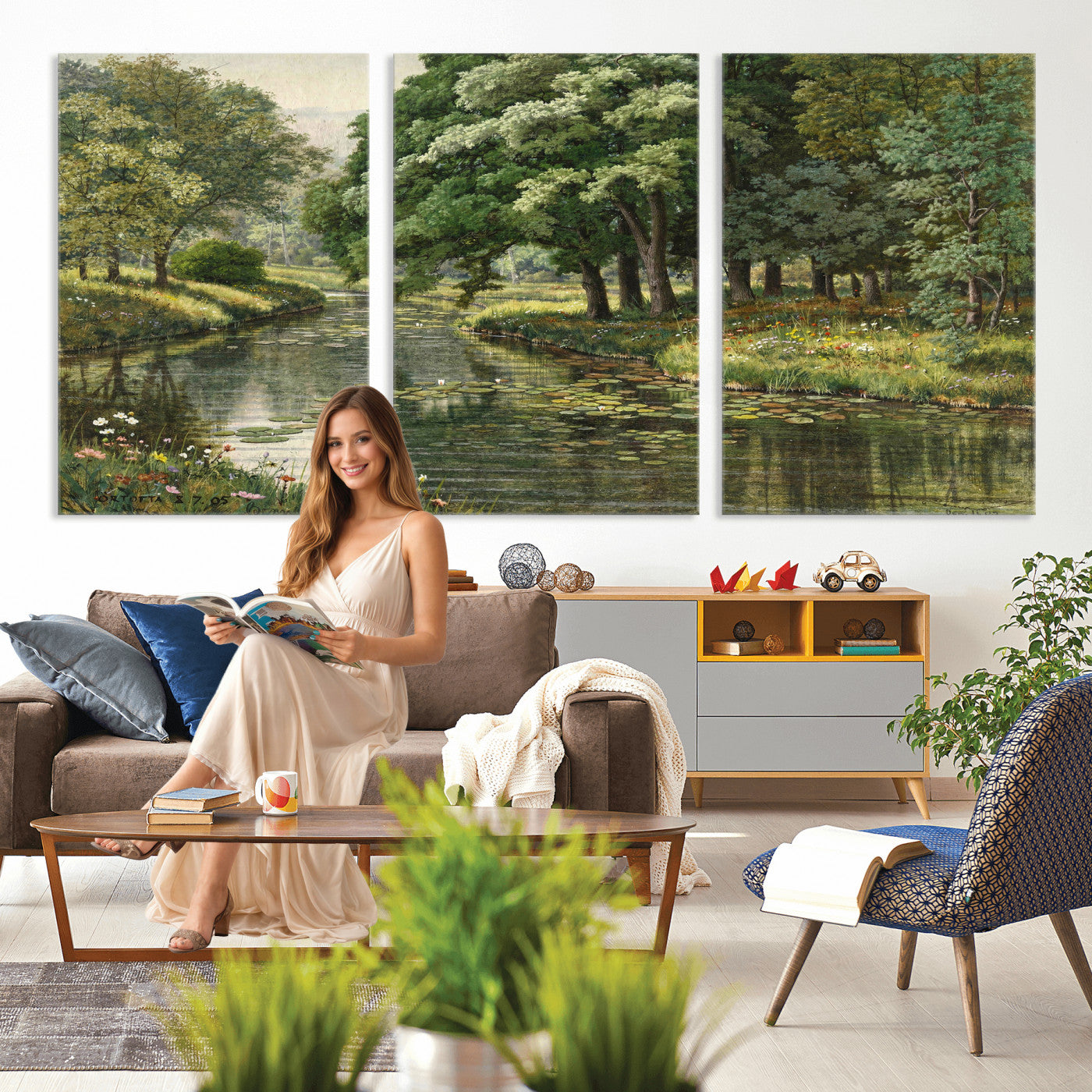 44288560-MGV-CV-36X24 - Forest Stream Canvas Wall Art, Peder Monsted A Forest Stream 1905 Print, Danish Realist Landscape, Lily Pad River Nature Decor, Vintage Green Painting