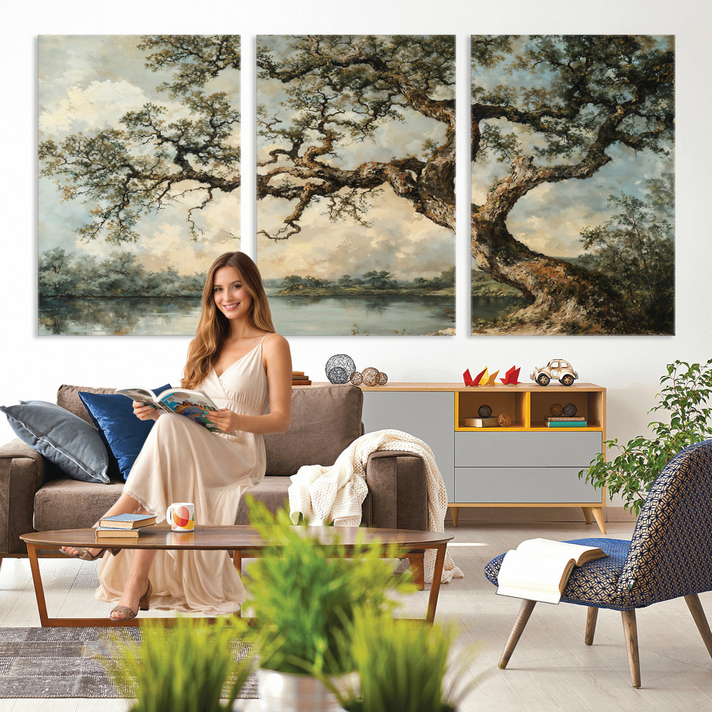 63857726-MGV-CV-36X24 - Old Oak Tree Canvas Wall Art, Turner Inspired Romantic Landscape Print, Vintage Nature Painting, Living Room Wall Decor, Antique Style Tree Art