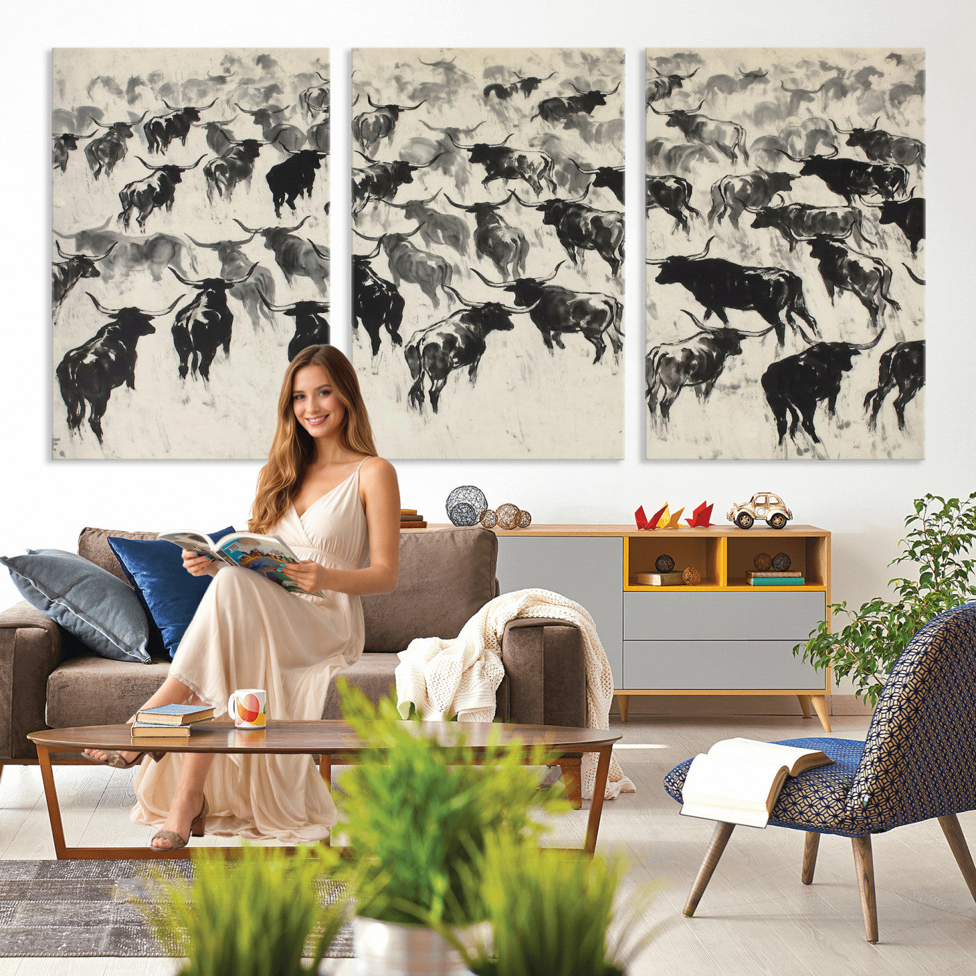 68669792-MGV-CV-36X24 - Longhorn Cattle Canvas Wall Art, Black White Stampede Ink Painting Print, Western Farmhouse Decor, Bull Herd Art, Large Living Room Wall Art, Ranch Home Decor
