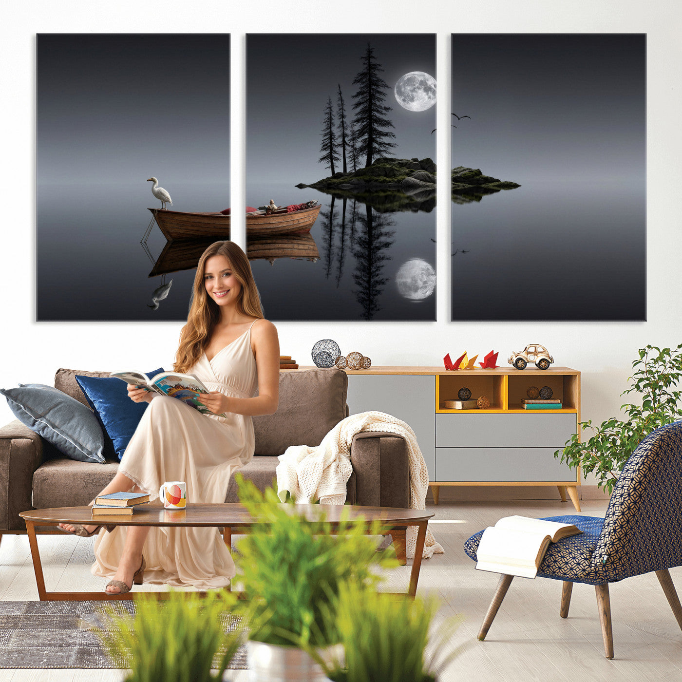 68839391D-MGV-CV-60X30-3P - Moonlit Lake Canvas Wall Art, Dreamy Boat Heron Full Moon Night Print, Dark Fantasy Nature Decor, Moody Bedroom Art, Surreal Landscape Wall Art