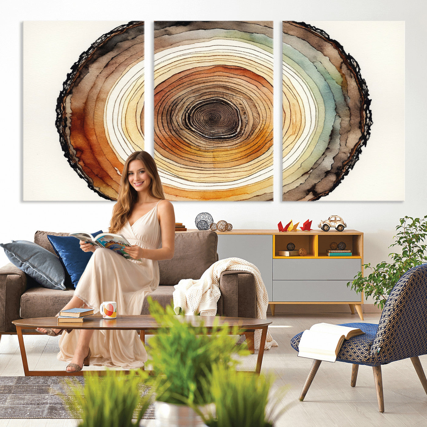 13719680-MGV-CV-36X24 - Natural Wood Slice Wall Art Canvas Print, Tree Ring Wall Art, Framed Abstract Nature Wall Decor, Earth Tone Statement Canvas Print