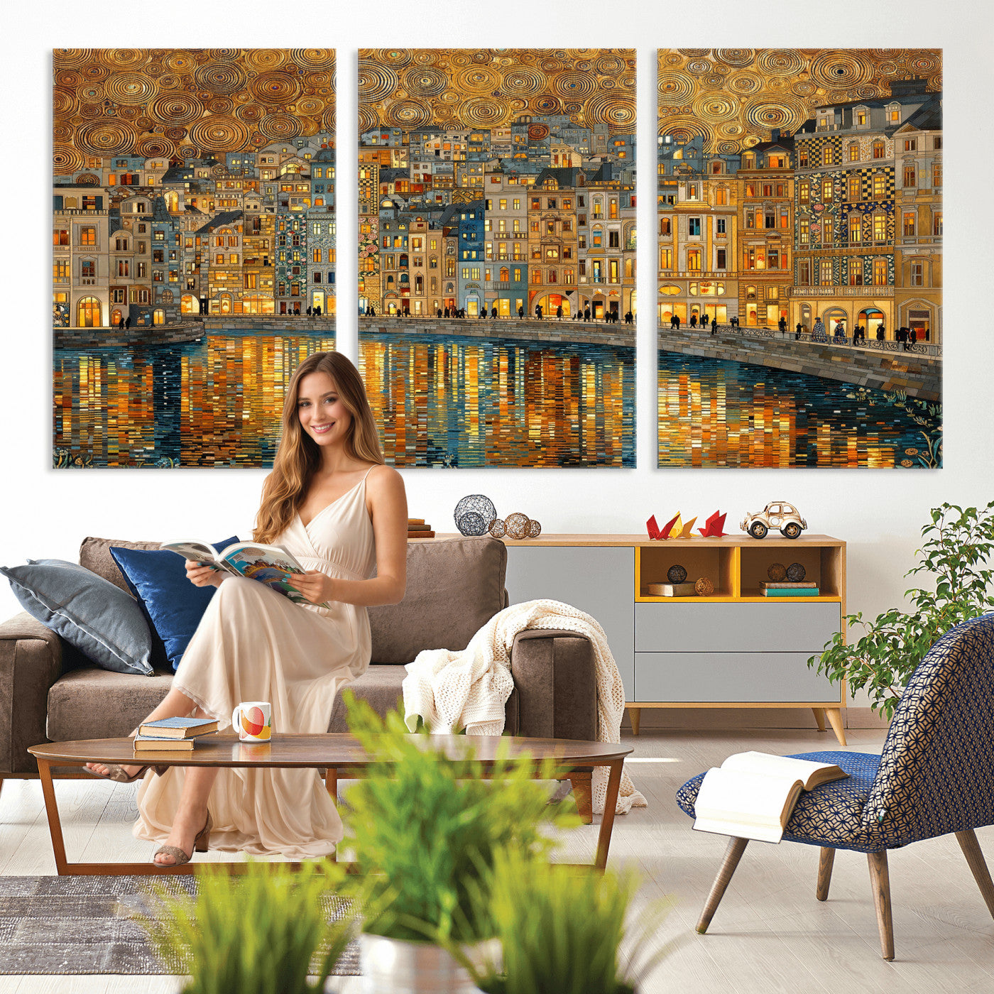 94022787-MGV-CV-36X24 - Gustav Klimt Golden Cityscape Wall Art Canvas Print, Framed River Town Landscape Artwork, Ornate Architecture Wall Decor for Living Room Bedroom Office