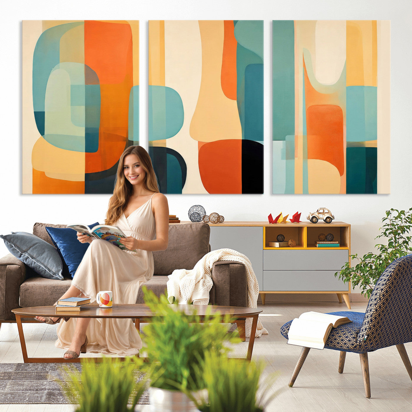 71488451-MGV-CV-60X30-3P - Abstract Geometric Wall Art Canvas Print, Mid Century Modern Wall Art, Abstract Wall Art Canvas Print for Living Room Bedroom Office