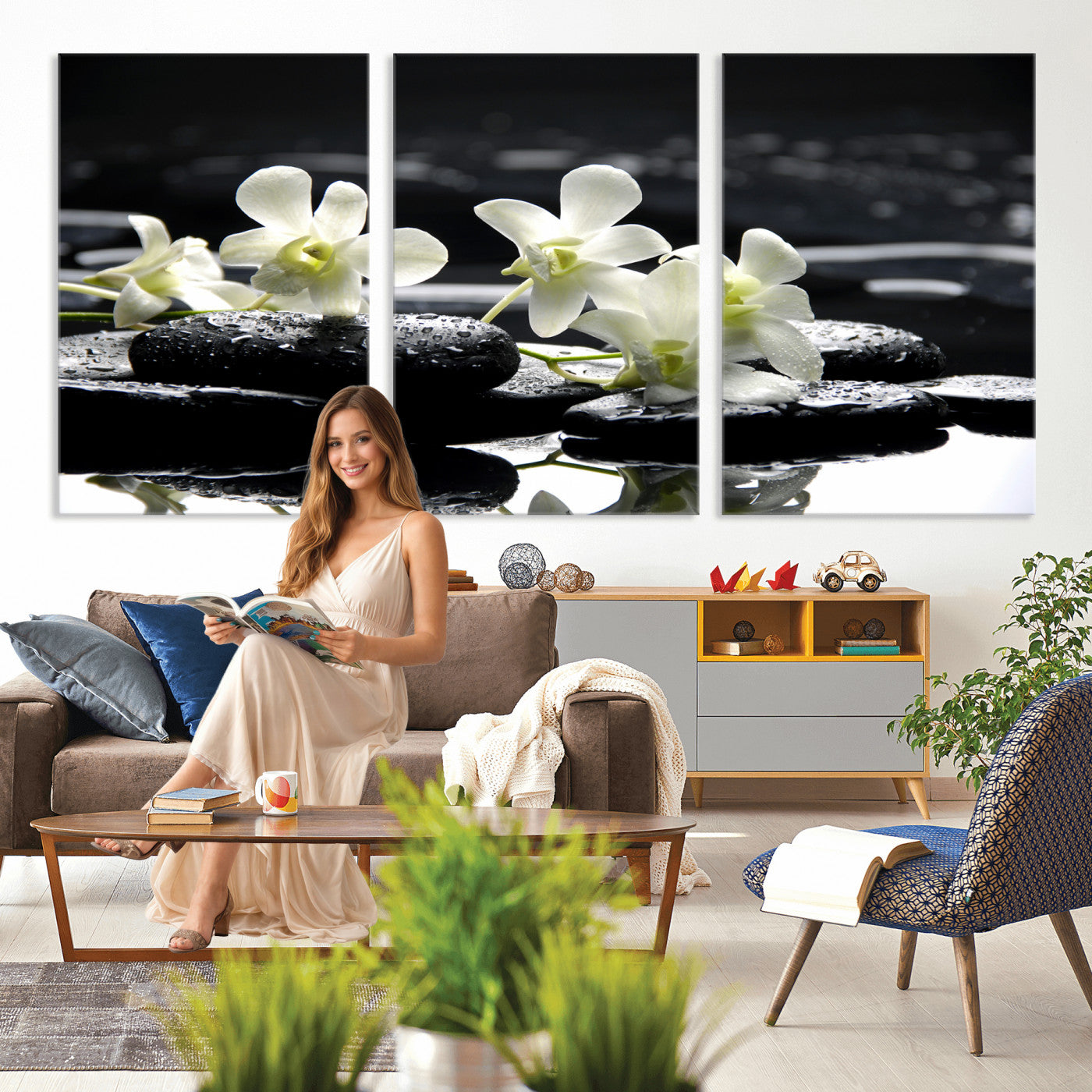 79486206-MGV-CV-36X24 - Plumeria Frangipani Black Stone Canvas | White Flower Spa Photography Print | Tropical Zen Wall Art | Grey Pebble Floral for Meditation Room Decor