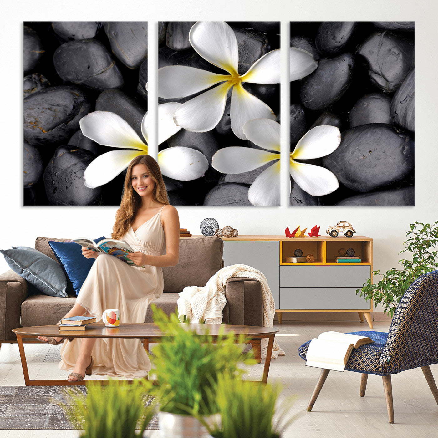 43639613-MGV-CV-36X24 - Plumeria Frangipani Black Stone Canvas | White Flower Spa Photography Print | Tropical Zen Wall Art | Grey Pebble Floral Decor