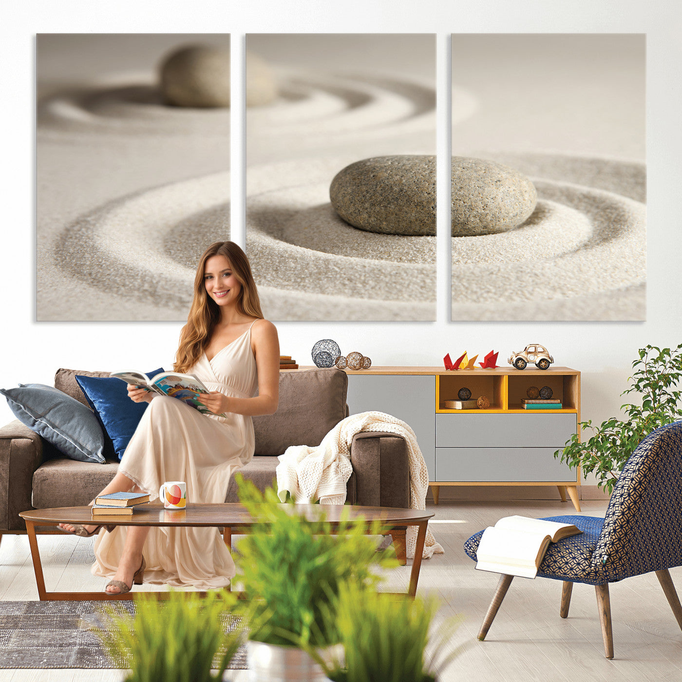 13397966-MGV-CV-36X24 - Zen Garden Stone Sand Canvas | Japanese Rock Garden Wall Art | Minimalist Meditation Print | Neutral Beige Mindfulness Decor