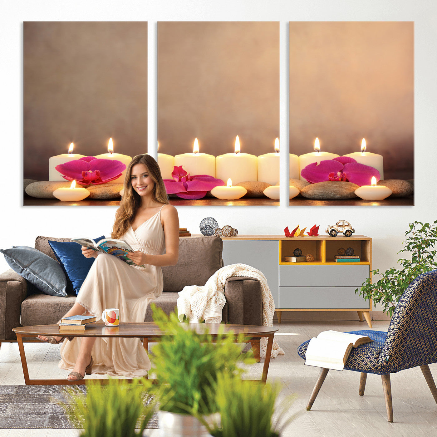 59470569-MGV-CV-36X24 - Spa Candles Orchid Canvas Print | Zen Wellness Relaxation Wall Art | Pink Flower Candlelight Bathroom Decor | Calm Beige Photography