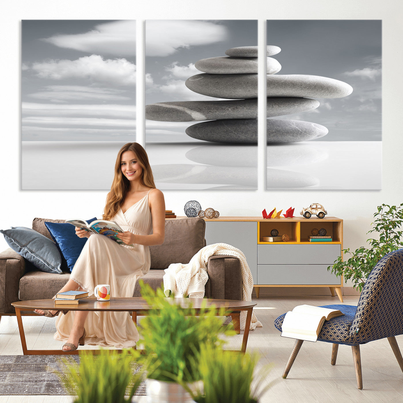 86426188-MGV-CV-36X24 - Zen Stone Wall Art Canvas Print, Balanced Rock Stack Framed Spa Artwork, Minimalist Meditation Decor for Living Room Bedroom Office Bathroom