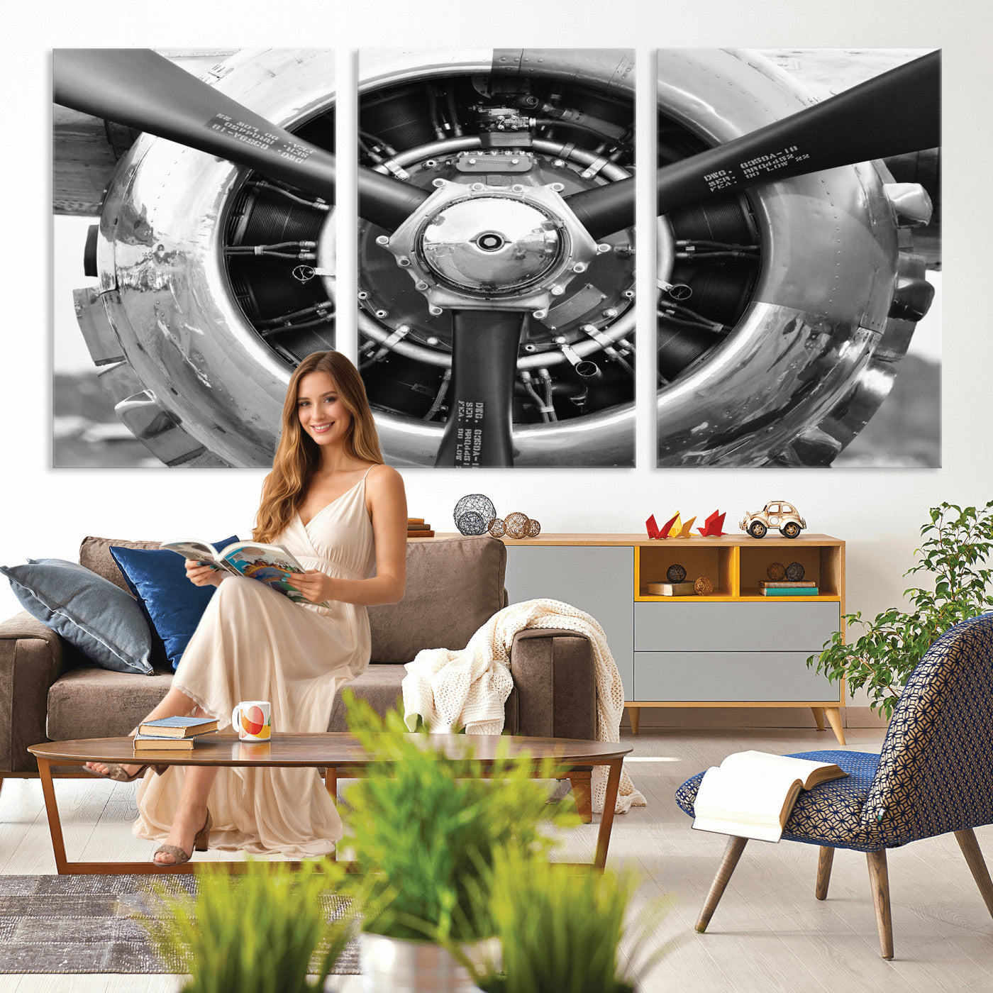 73322230-MGV-CV-36X24 - Vintage Propeller Plane Wall Art Canvas Print, Black and White Airplane Engine Close Up Framed Aviation Artwork for Pilot Office Hangar Decor