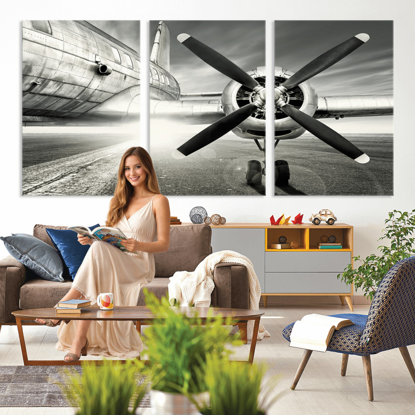 16420255-MGV-CV-36X24 - Vintage Airplane Wall Art Canvas Print, Black and White Propeller Aircraft Framed Aviation Artwork for Pilot Office Hangar Living Room Decor