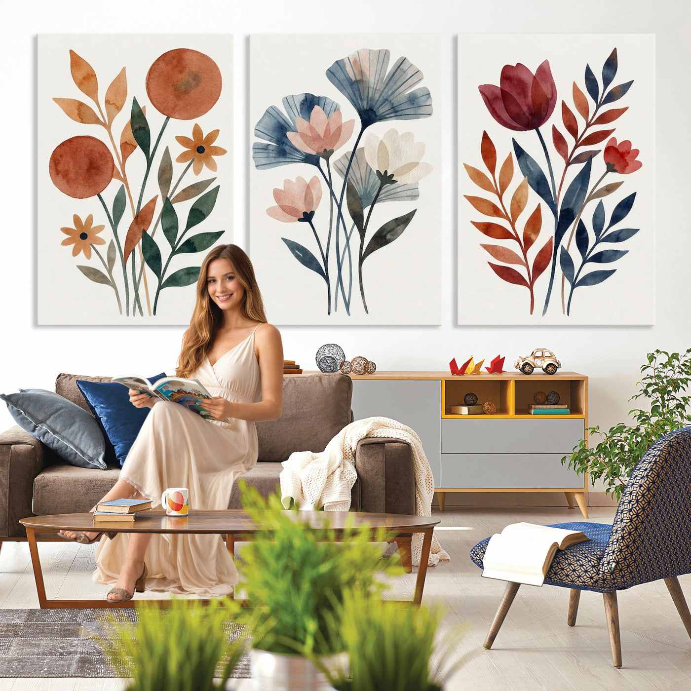 95190931-MGV-CV-60X30-3P - Watercolor Botanical Canvas Wall Art Set, Navy Terracotta Floral Triptych Print, Minimalist Flower Decor, Boho Living Room Art, Scandinavian Nature Print