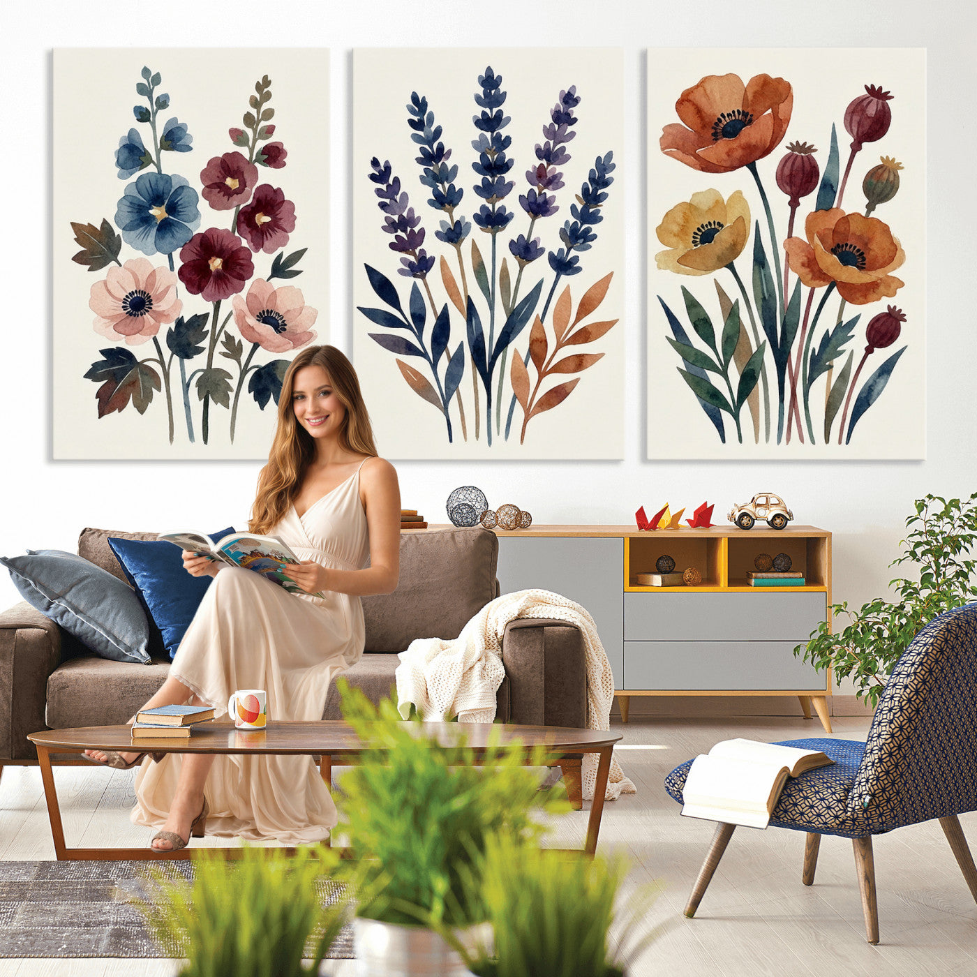 66468390-MGV-CV-60X30-3P - Watercolor Botanical Canvas Wall Art Set, Navy Terracotta Floral Triptych Print, Minimalist Flower Decor, Boho Living Room Art, Scandinavian Nature Print