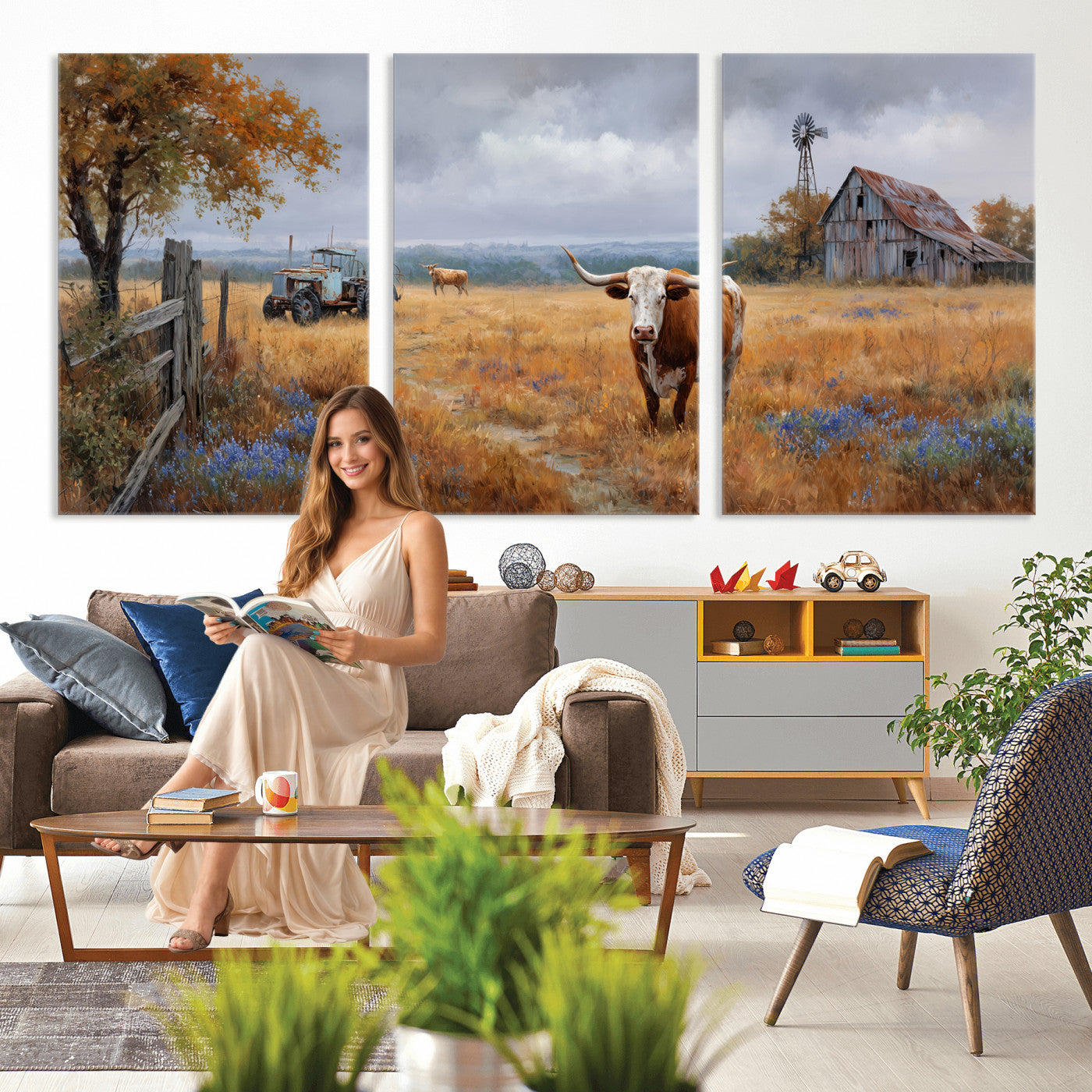 25324907-MGV-CV-60X30-3P - Texas Longhorn Canvas Wall Art, Rustic Farm Barn Bluebonnet Photography Print, Farmhouse Country Decor, Western Ranch Art, Old Truck Tractor Print