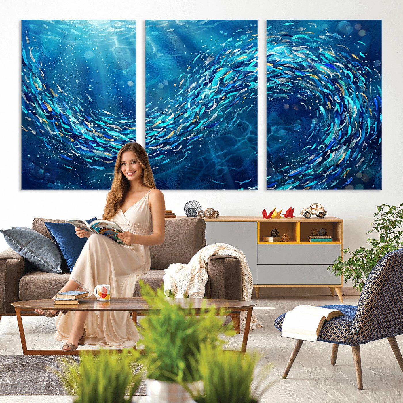 54535639-MGV-CV-36X24 - School of Fish Canvas Print | Blue Ocean Underwater Wall Art | Swirling Fish Shoal Illustration | Marine Navy Coastal Decor