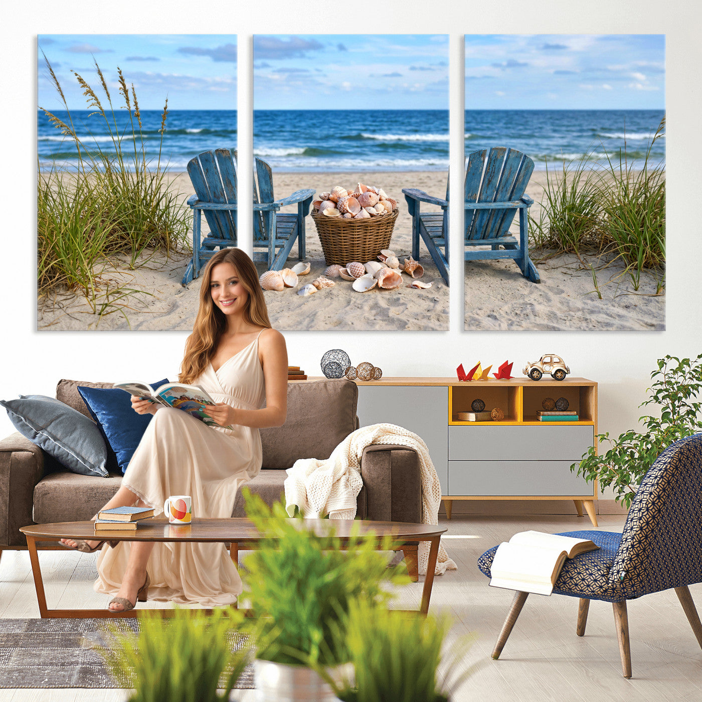 80268829-MGV-CV-36X24 - Large Beach Canvas Wall Art Coastal Adirondack Chairs Ocean Seashells Blue Nautical Framed Large for Living Room Bedroom Bathroom Decor