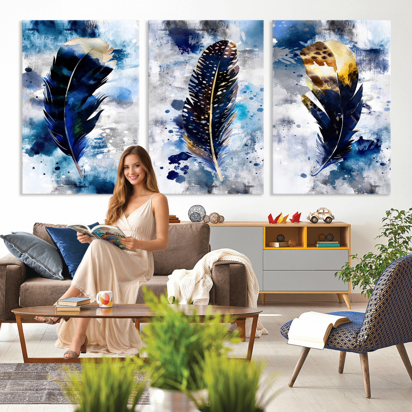 74325132F-MGV-CV-60X30-3P - Feather Canvas Wall Art Navy Blue Gold Watercolor Abstract Boho Eclectic Framed Large for Living Room Bedroom Office Entryway Decor