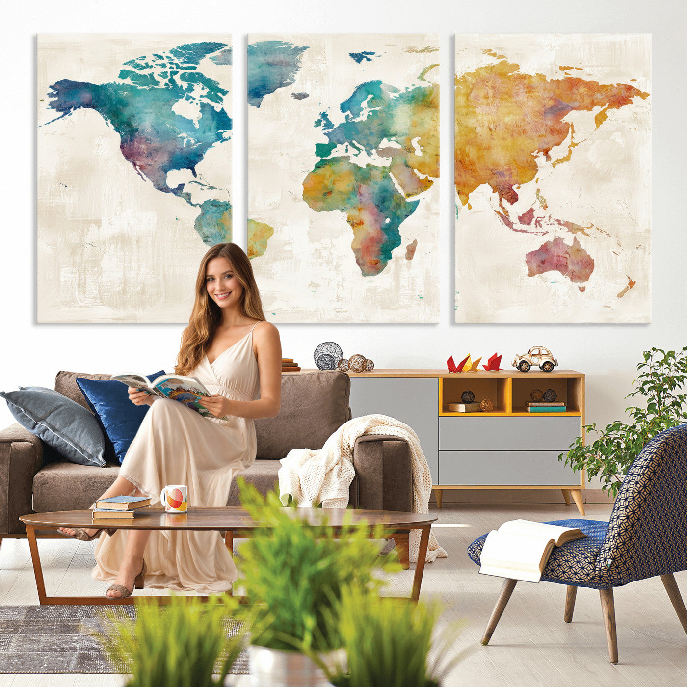 56556018-MGV-CV-36X24 - Watercolor World Map Canvas Wall Art Print – Abstract Colorful Travel Wall Decor