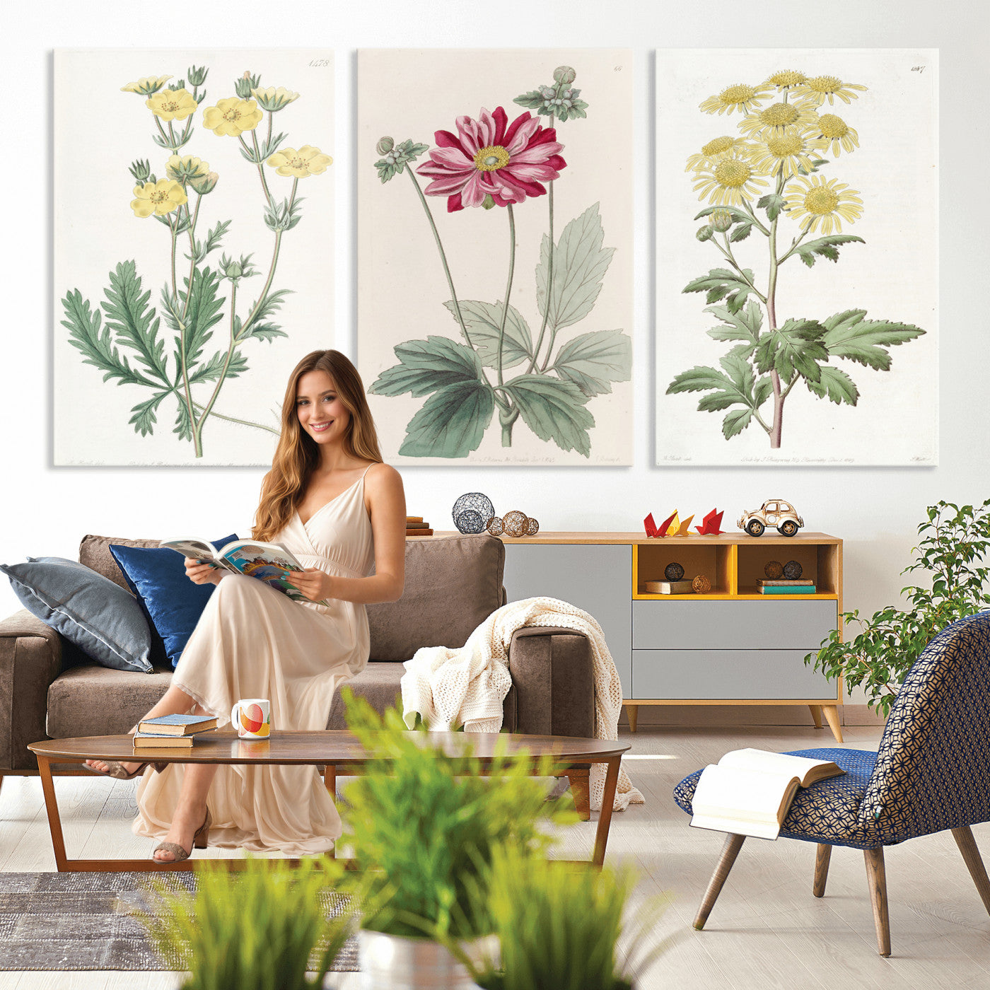 17622011MF-MGV-CV-60X30-3P - Antique Botanical Canvas Wall Art, Victorian Flower Illustration Triptych Print, Cottagecore Vintage Botanical Decor