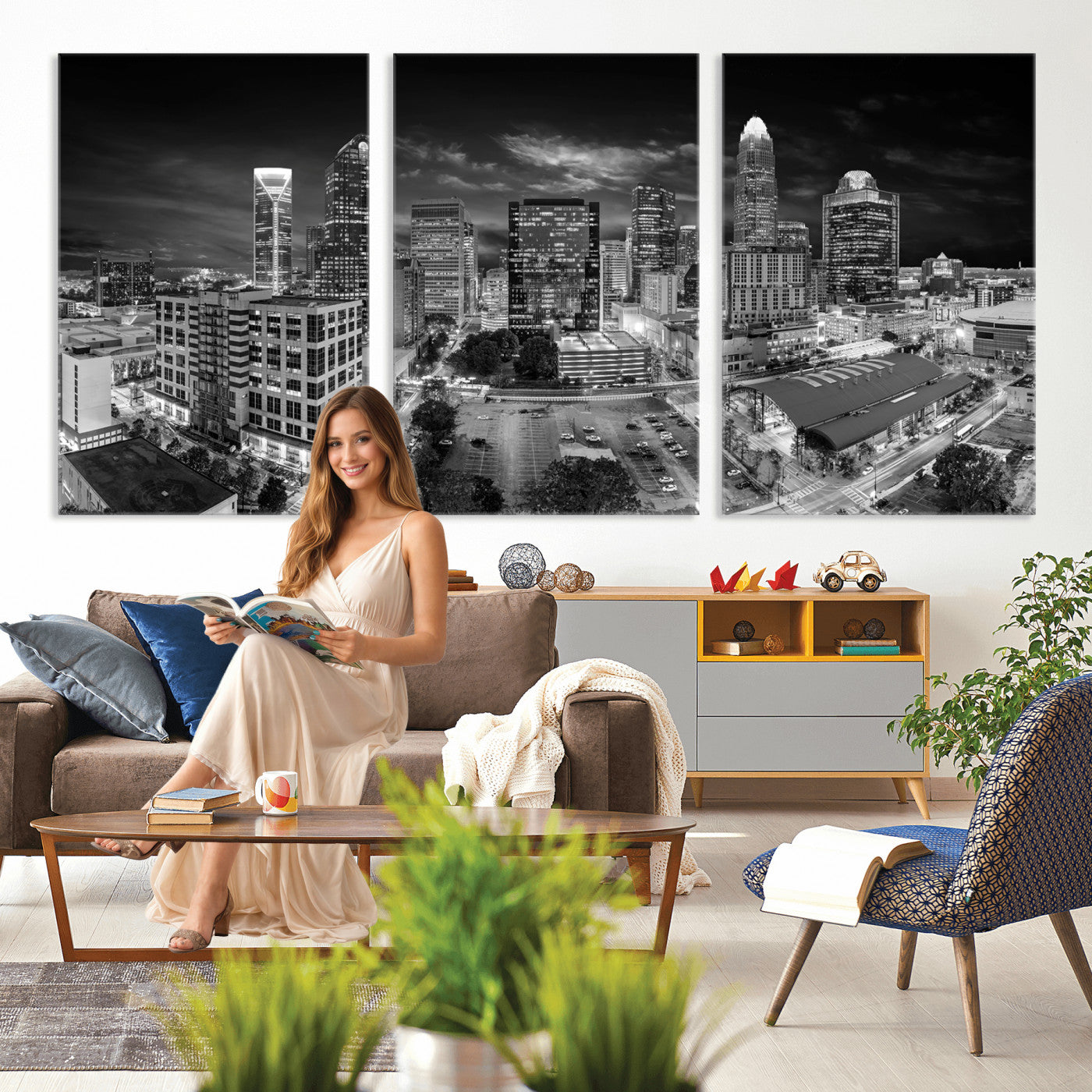 60105075-MGV-CV-36X24 - Charlotte Skyline Canvas Wall Art Print – North Carolina Cityscape Photography Print