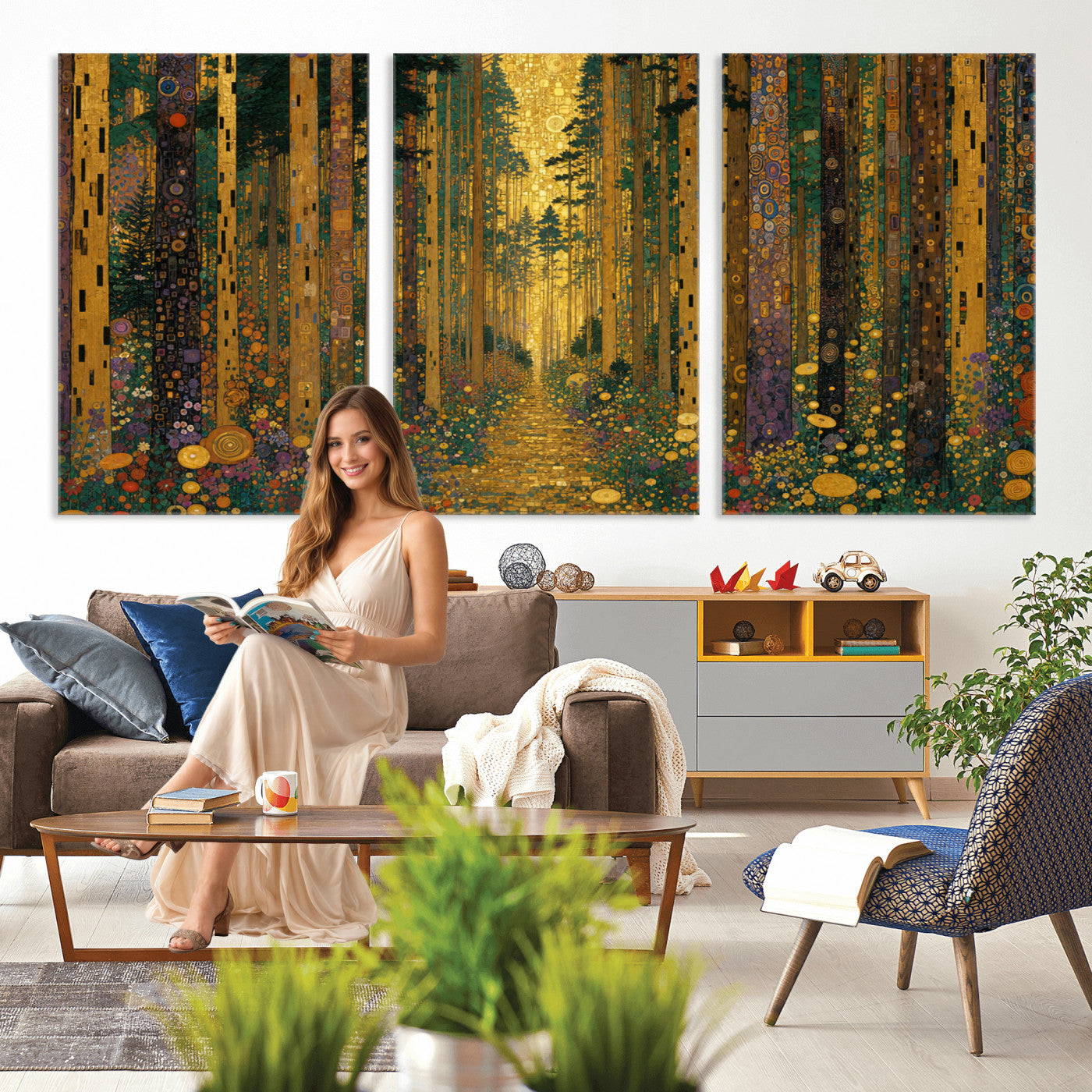 79483321G-MGV-CV-48X32-3P - Gustav Klimt Style Forest Canvas Wall Art, Golden Forest Path Floral Art Nouveau Print, Enchanted Woodland Decor